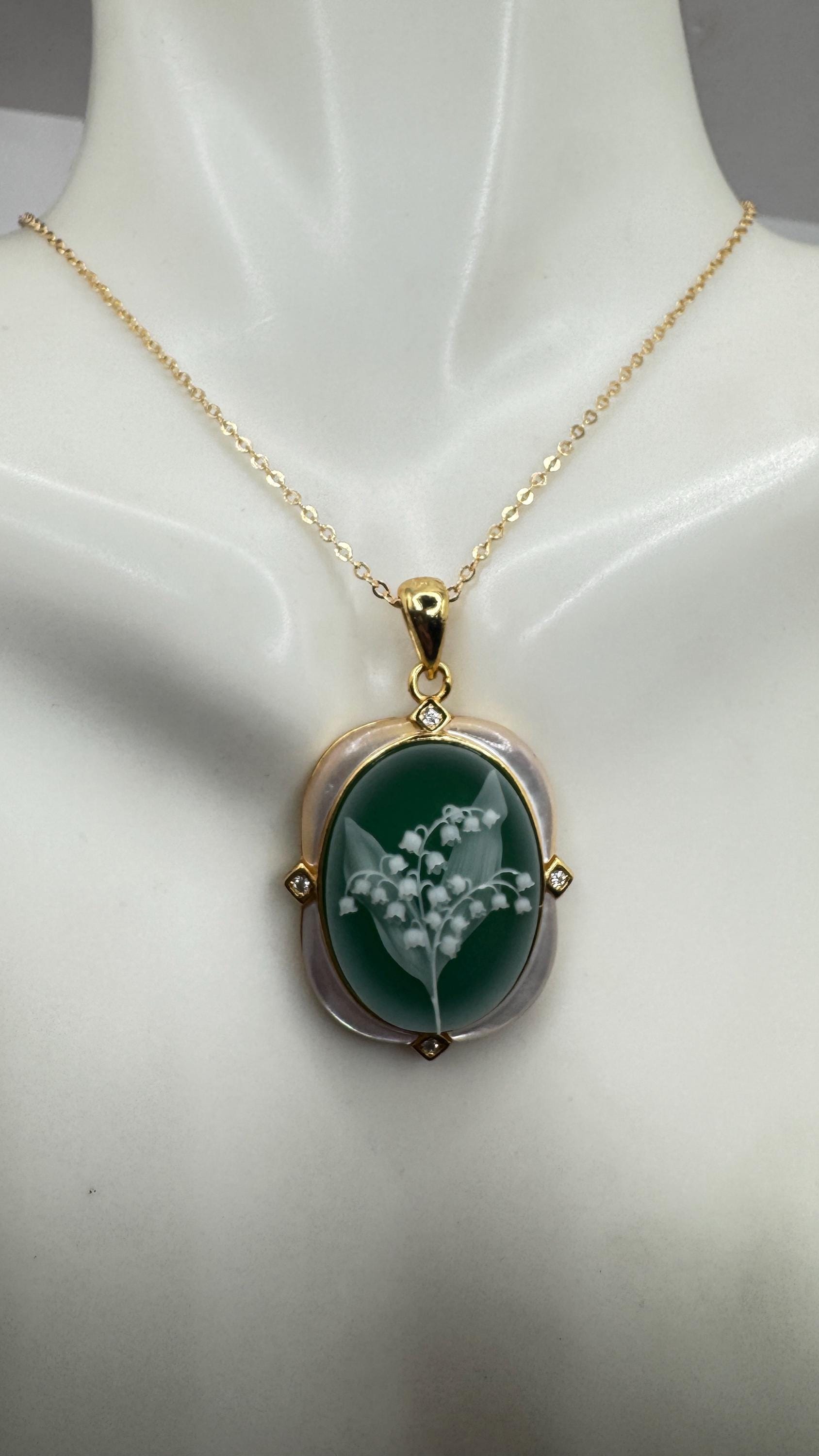 Vintage Lily of the Valley Green Onyx Cameo Choker 925 Sterling Silver Necklace