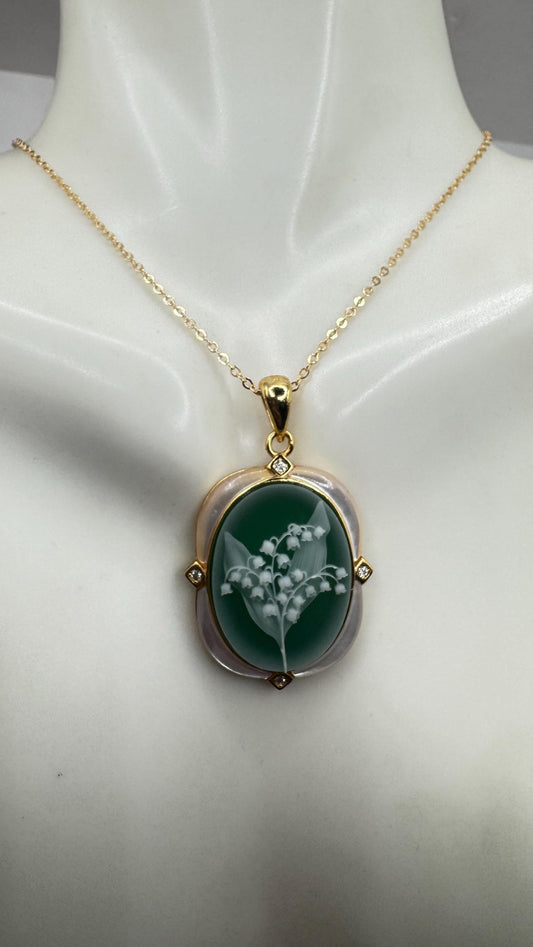 Vintage Lily of the Valley Green Onyx Cameo Choker 925 Sterling Silver Necklace