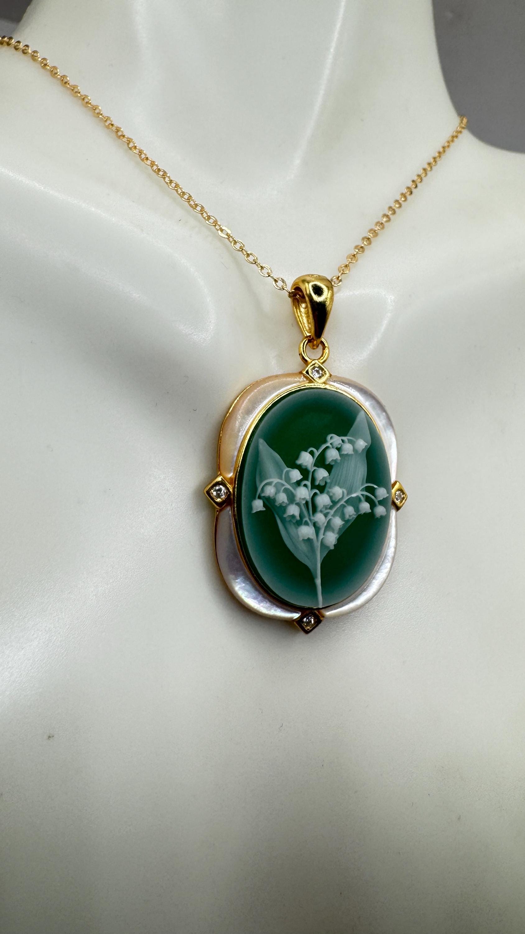 Vintage Lily of the Valley Green Onyx Cameo Choker 925 Sterling Silver Necklace