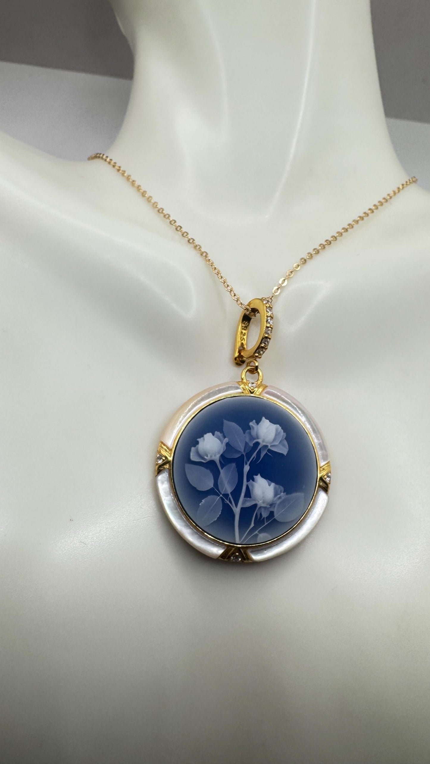 Vintage Rose Flower Cameo 925 Sterling Silver Necklace Choker