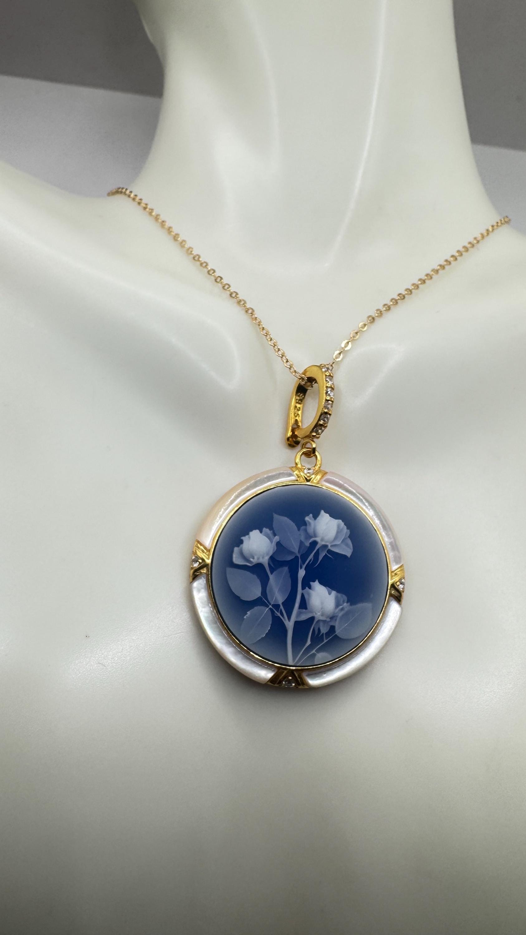 Vintage Rose Flower Cameo 925 Sterling Silver Necklace Choker