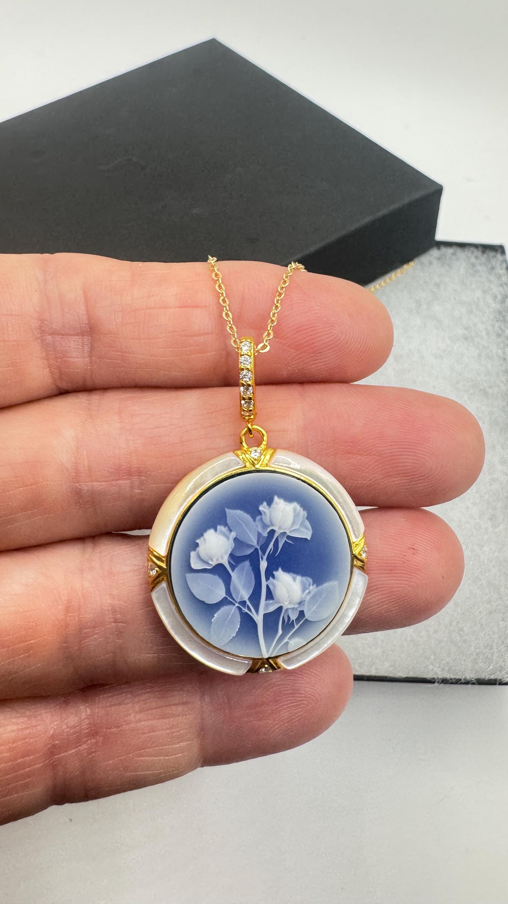 Vintage Rose Flower Cameo 925 Sterling Silver Necklace Choker
