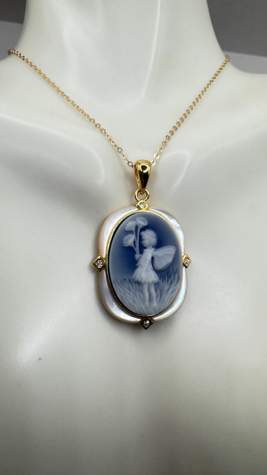 Vintage Genuine Blue Onyx Fairy Cameo Sterling Silver Necklace Choker