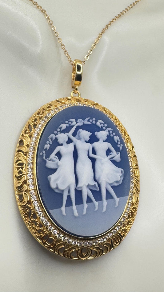 Vintage Genuine Blue Onyx 3 Graces Cameo Golden Sterling Silver Necklace Choker