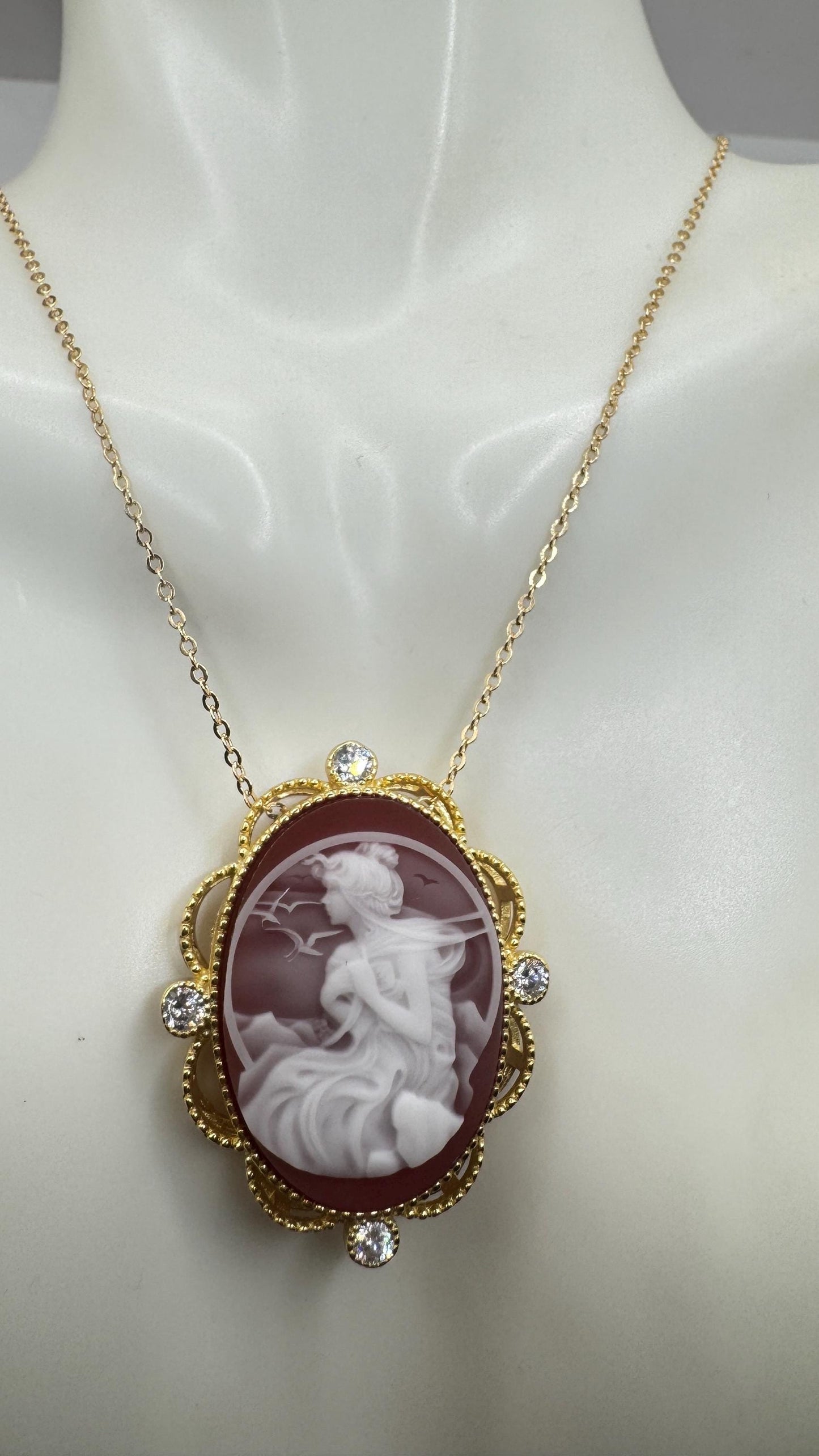 Vintage Red Onyx Cameo Golden 925 Sterling silver Necklace Choker
