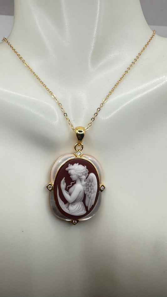 Vintage Red Onyx Gaurdian Angel Cameo Golden 925 Sterling silver Necklace Choker