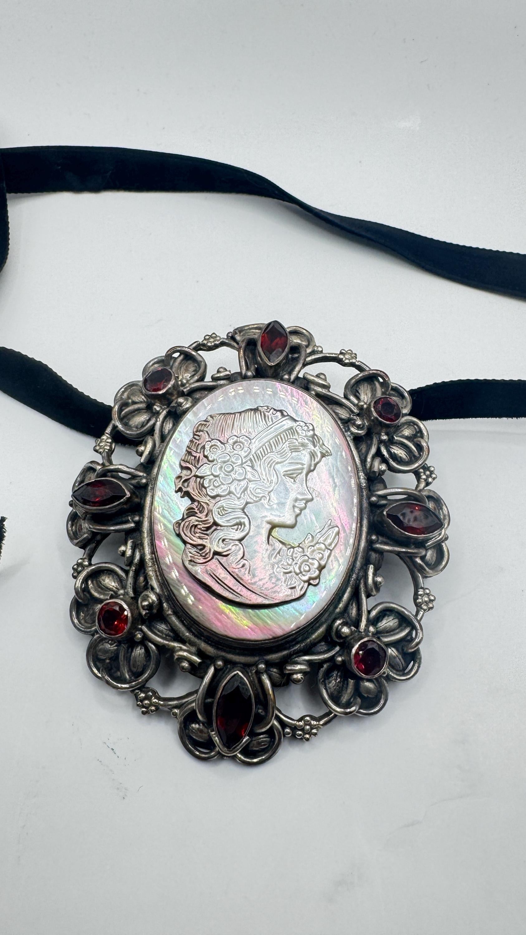 Vintage Black Onyx Mother of Pearl Cameo Choker 925 Sterling Silver Necklace