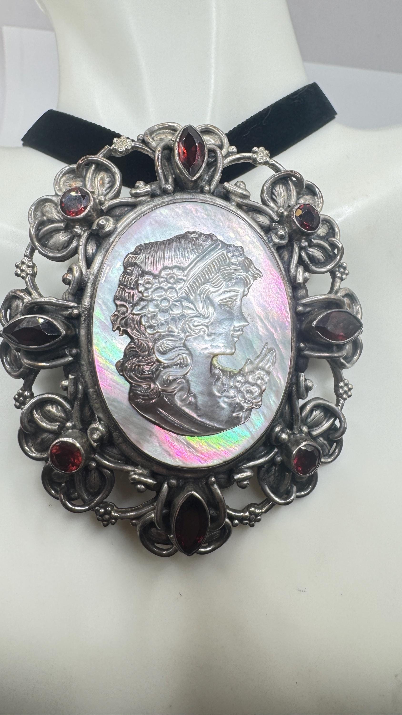 Vintage Black Onyx Mother of Pearl Cameo Choker 925 Sterling Silver Necklace