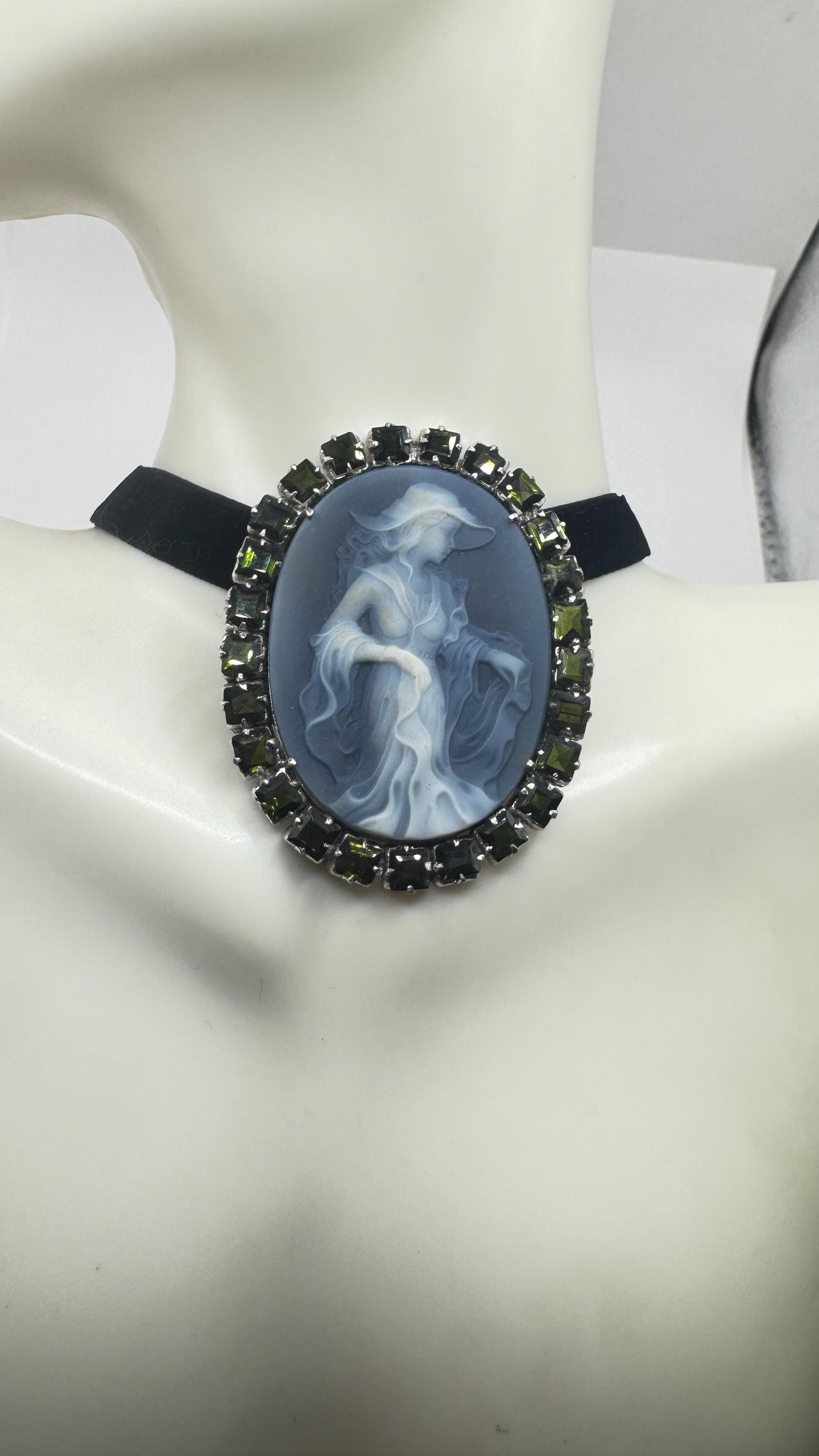 Vintage Moon Goddess Genuine Black Onyx Cameo Gold Sterling Silver Necklace Pin Brooch