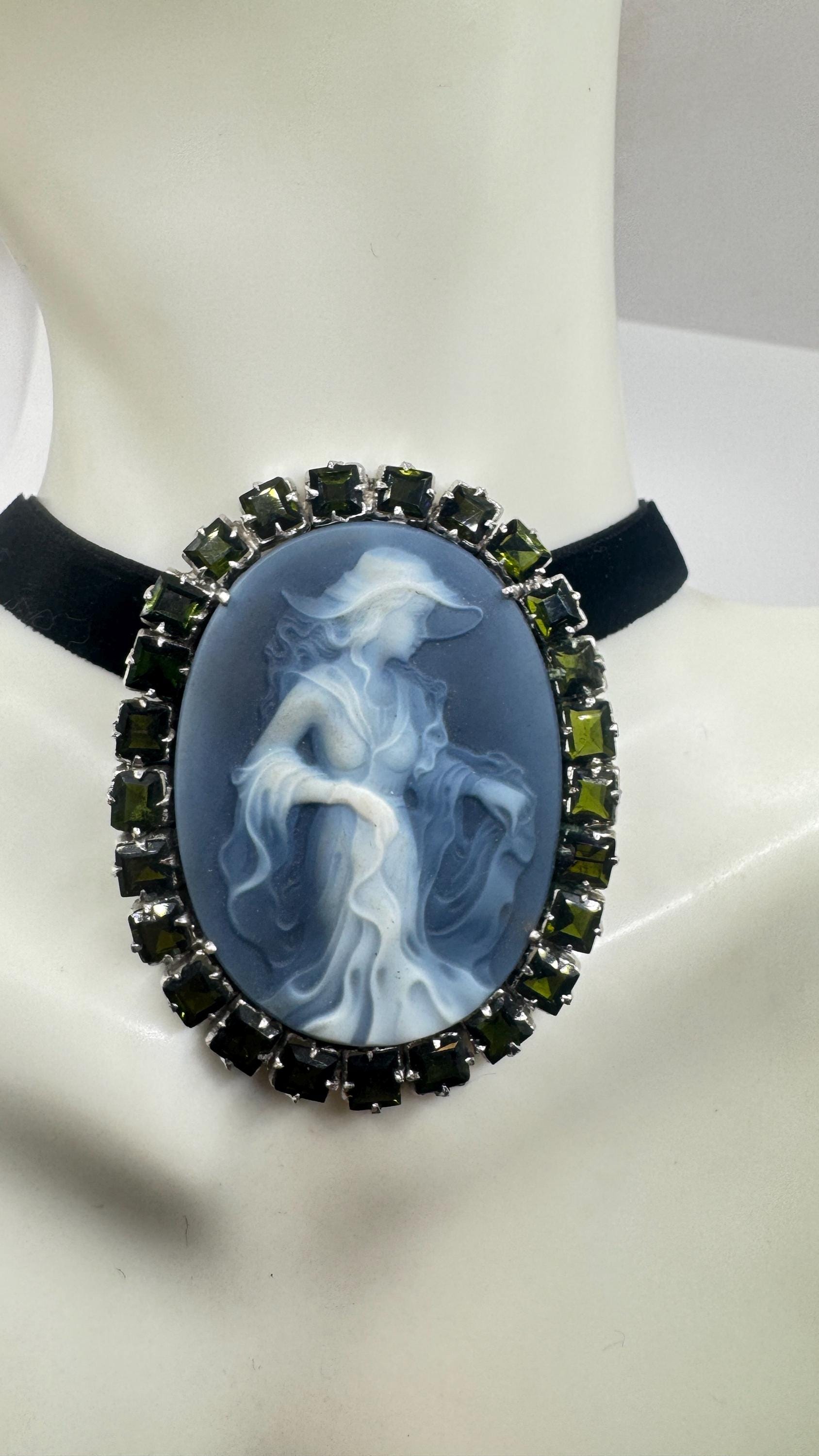 Vintage Moon Goddess Genuine Black Onyx Cameo Gold Sterling Silver Necklace Pin Brooch