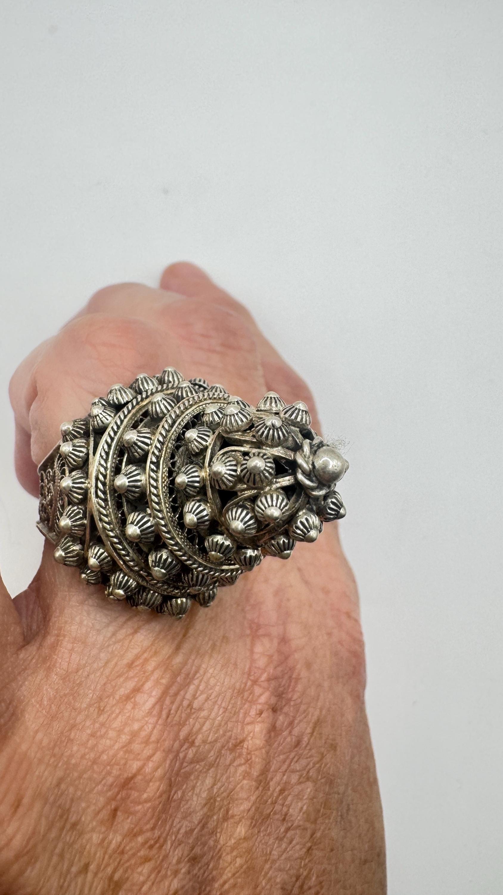Vintage Rainbow Labradorite silver bronze Poison Pillbox Ring