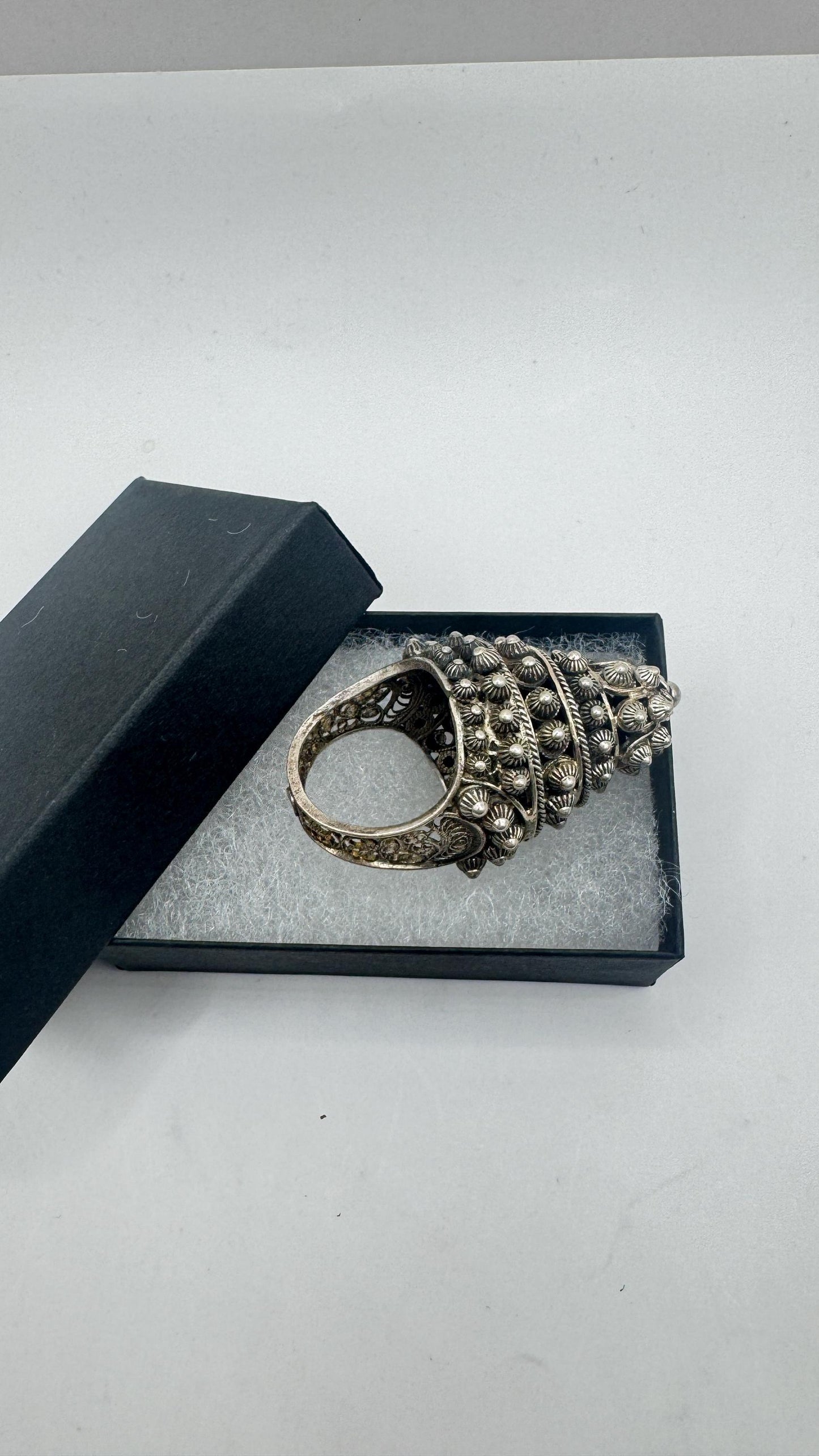 Vintage Rainbow Labradorite silver bronze Poison Pillbox Ring