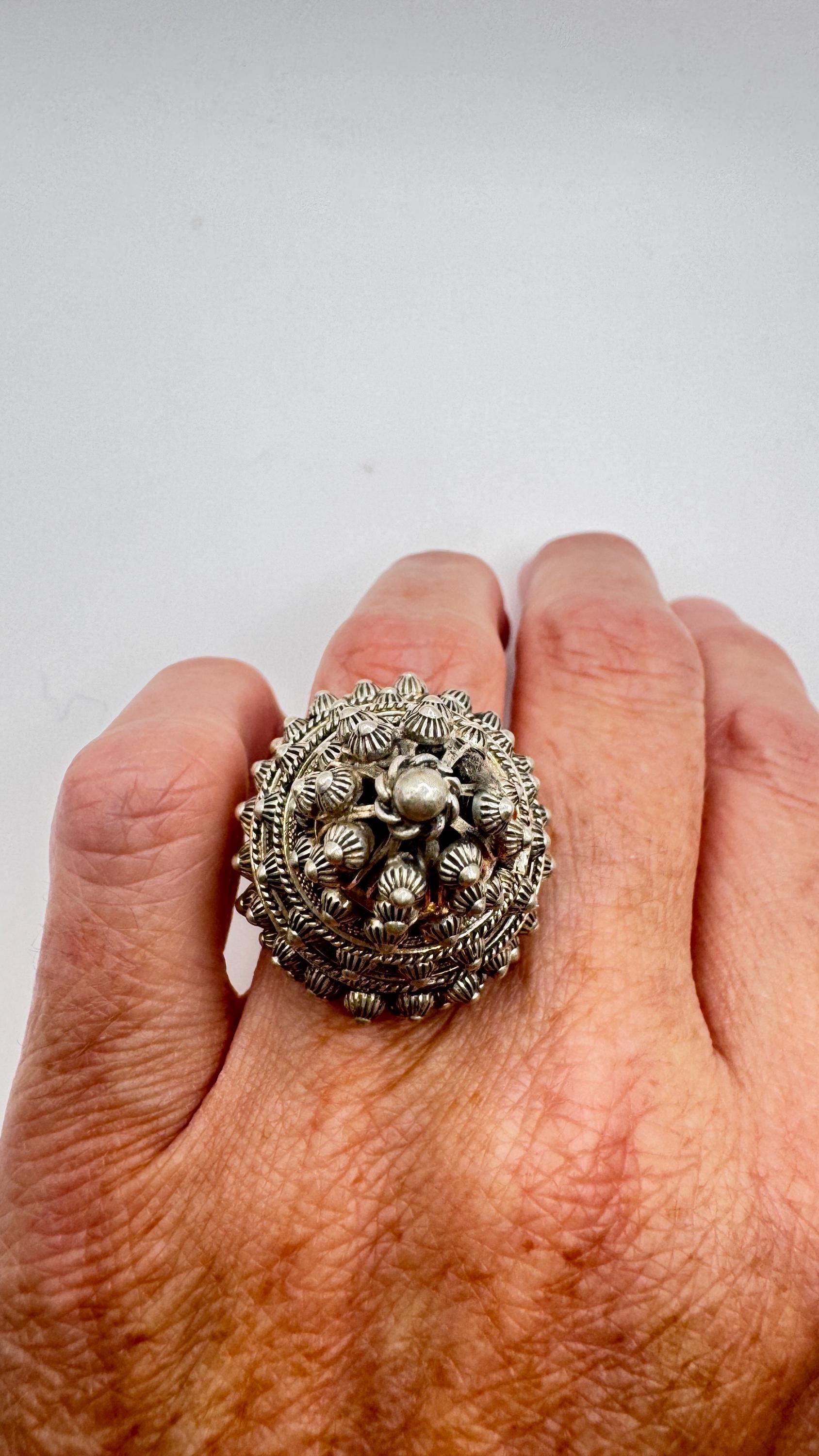 Vintage Rainbow Labradorite silver bronze Poison Pillbox Ring