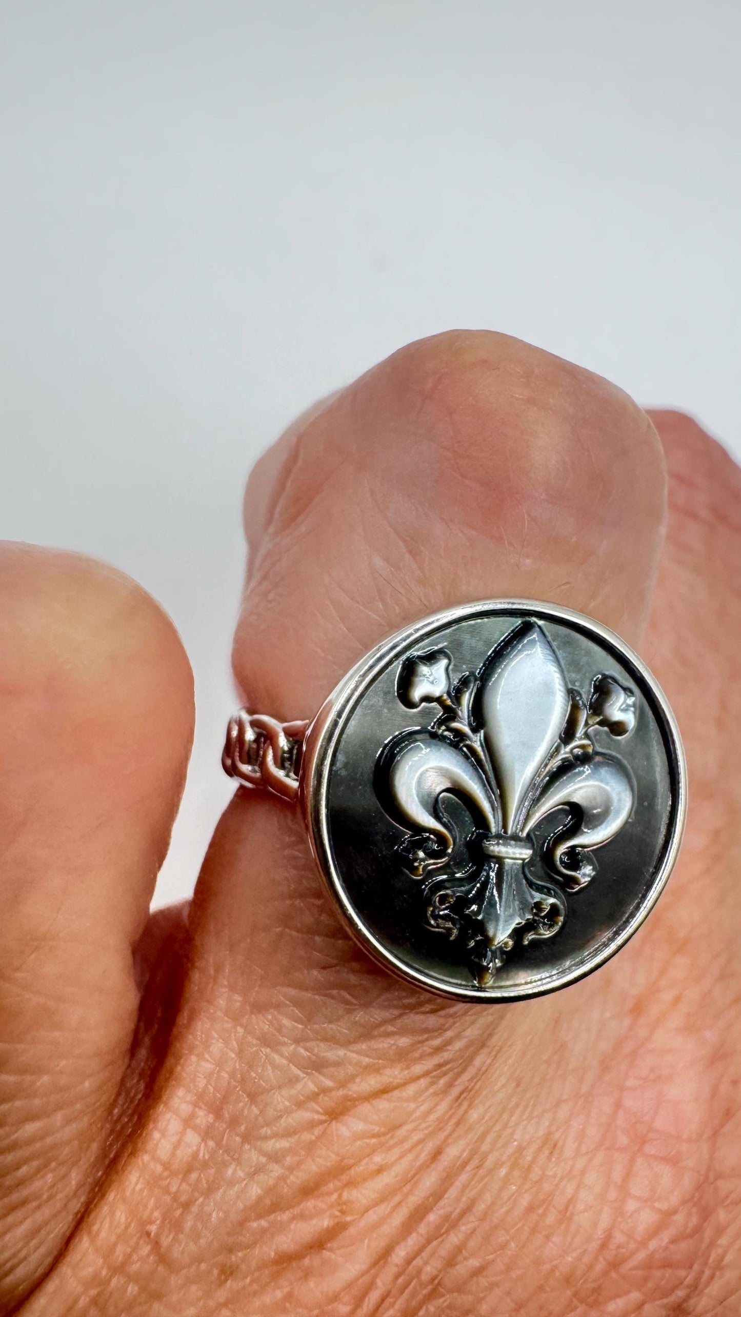 Vintage Fluer de Les Adalone Cameo 925 Sterling Silver Ring