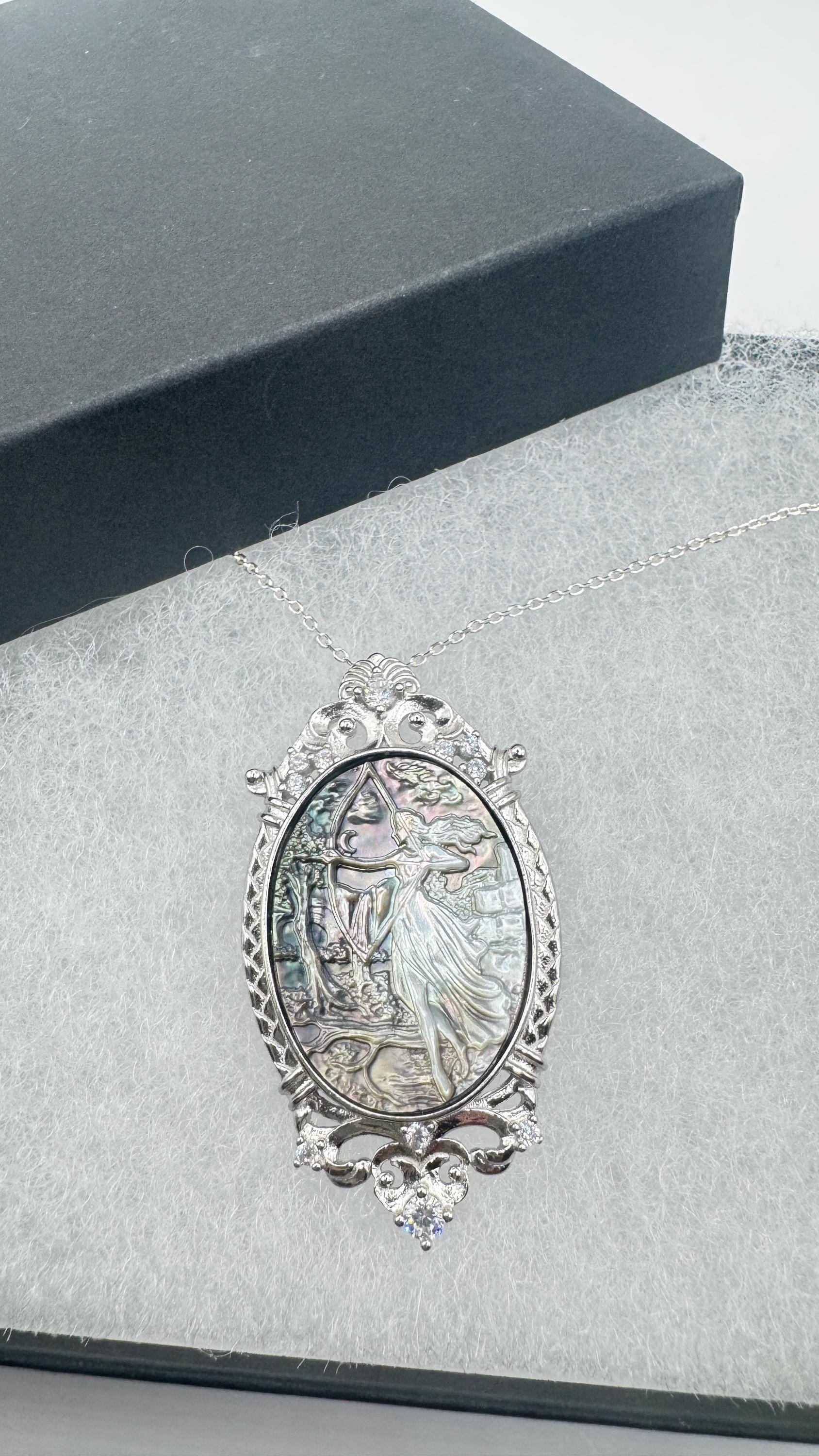 Vintage Moon Goddess Genuine Abalone Cameo Sterling Silver Necklace Pin brooch