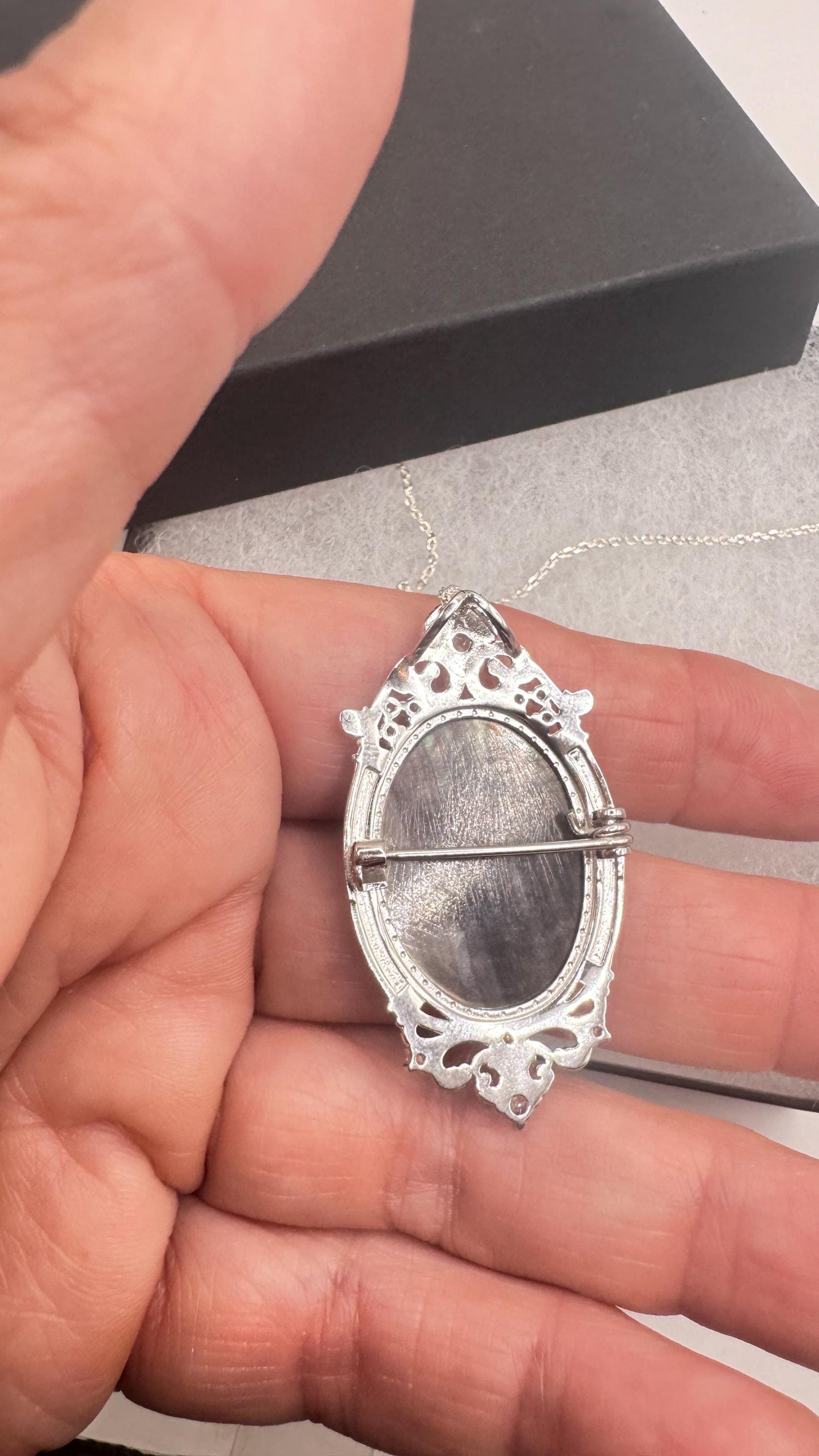 Vintage Moon Goddess Genuine Abalone Cameo Sterling Silver Necklace Pin brooch