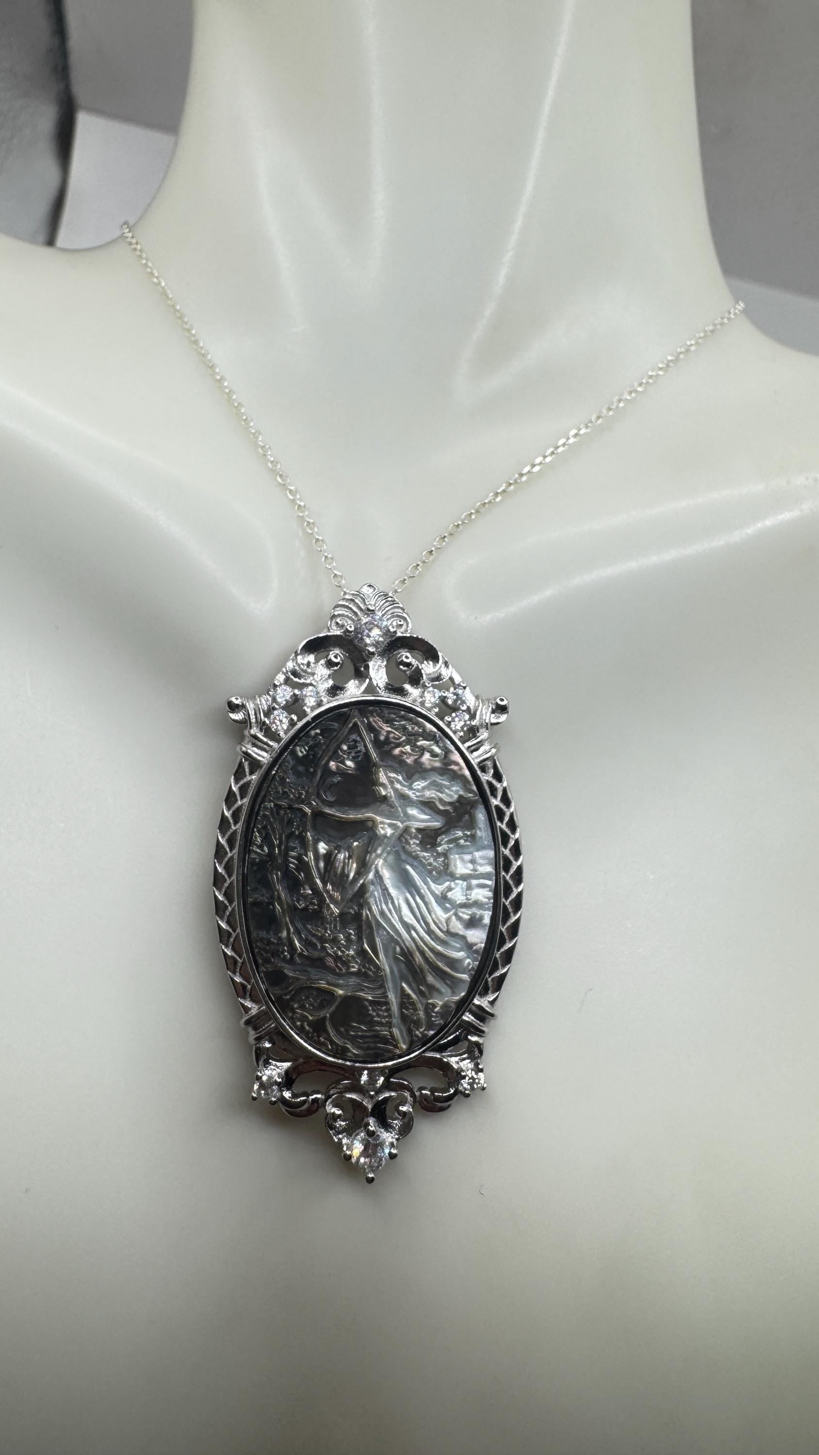 Vintage Moon Goddess Genuine Abalone Cameo Sterling Silver Necklace Pin brooch