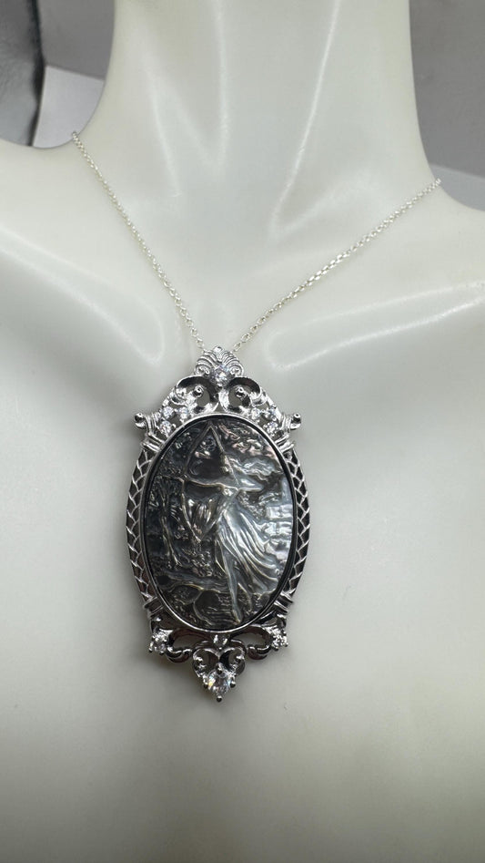Vintage Moon Goddess Genuine Abalone Cameo Sterling Silver Necklace Pin brooch