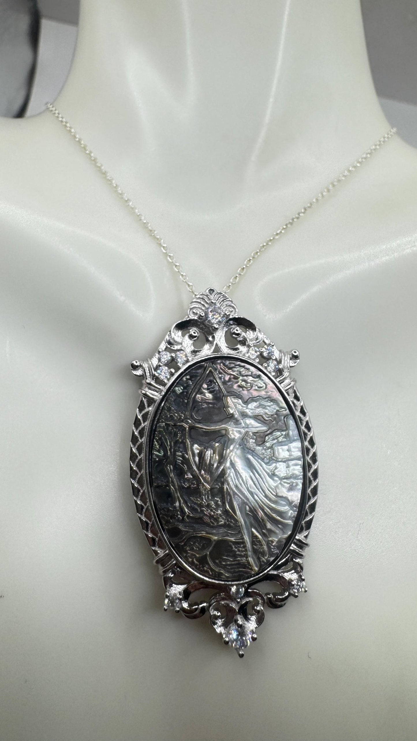 Vintage Moon Goddess Genuine Abalone Cameo Sterling Silver Necklace Pin brooch