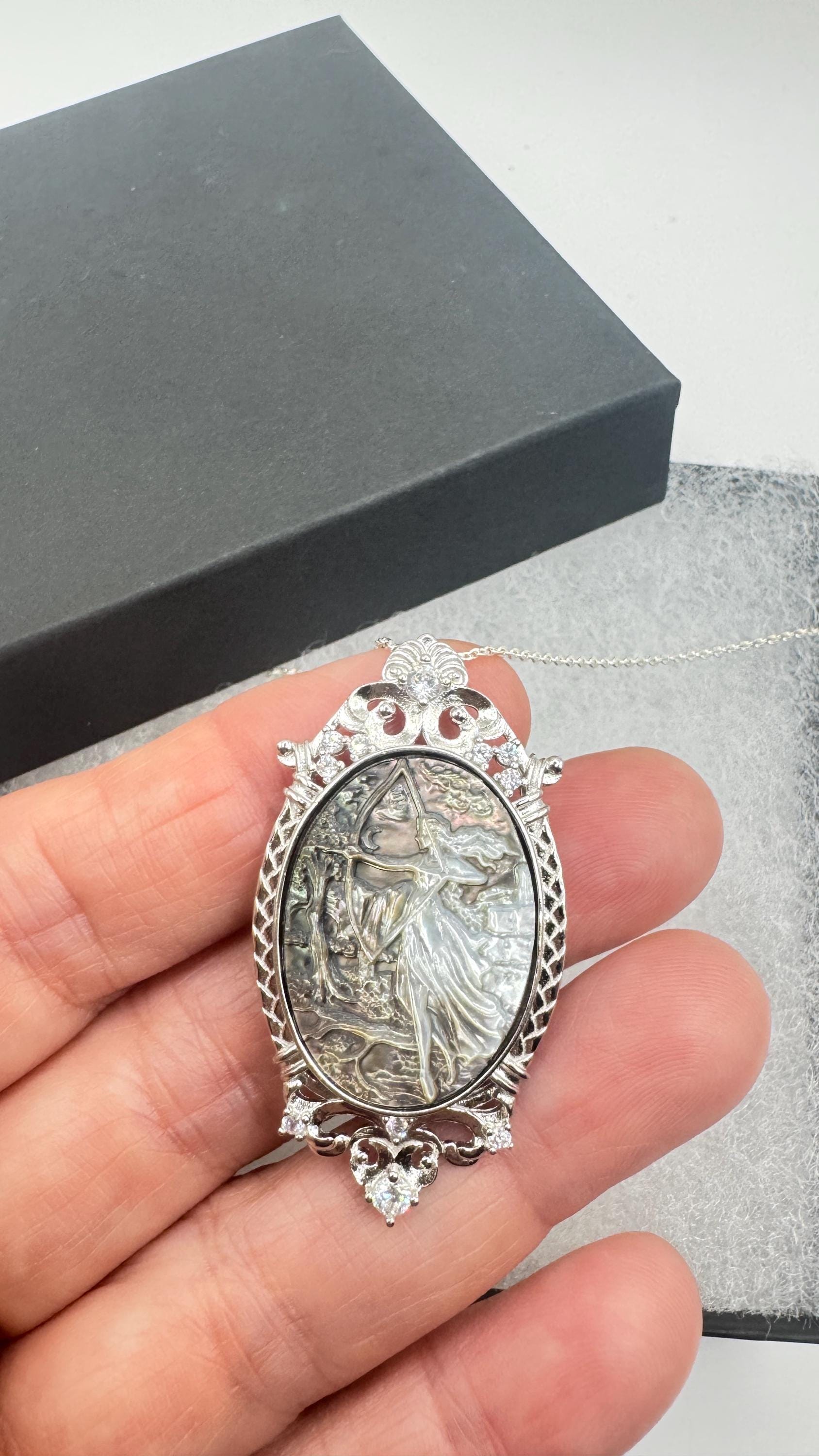Vintage Moon Goddess Genuine Abalone Cameo Sterling Silver Necklace Pin brooch