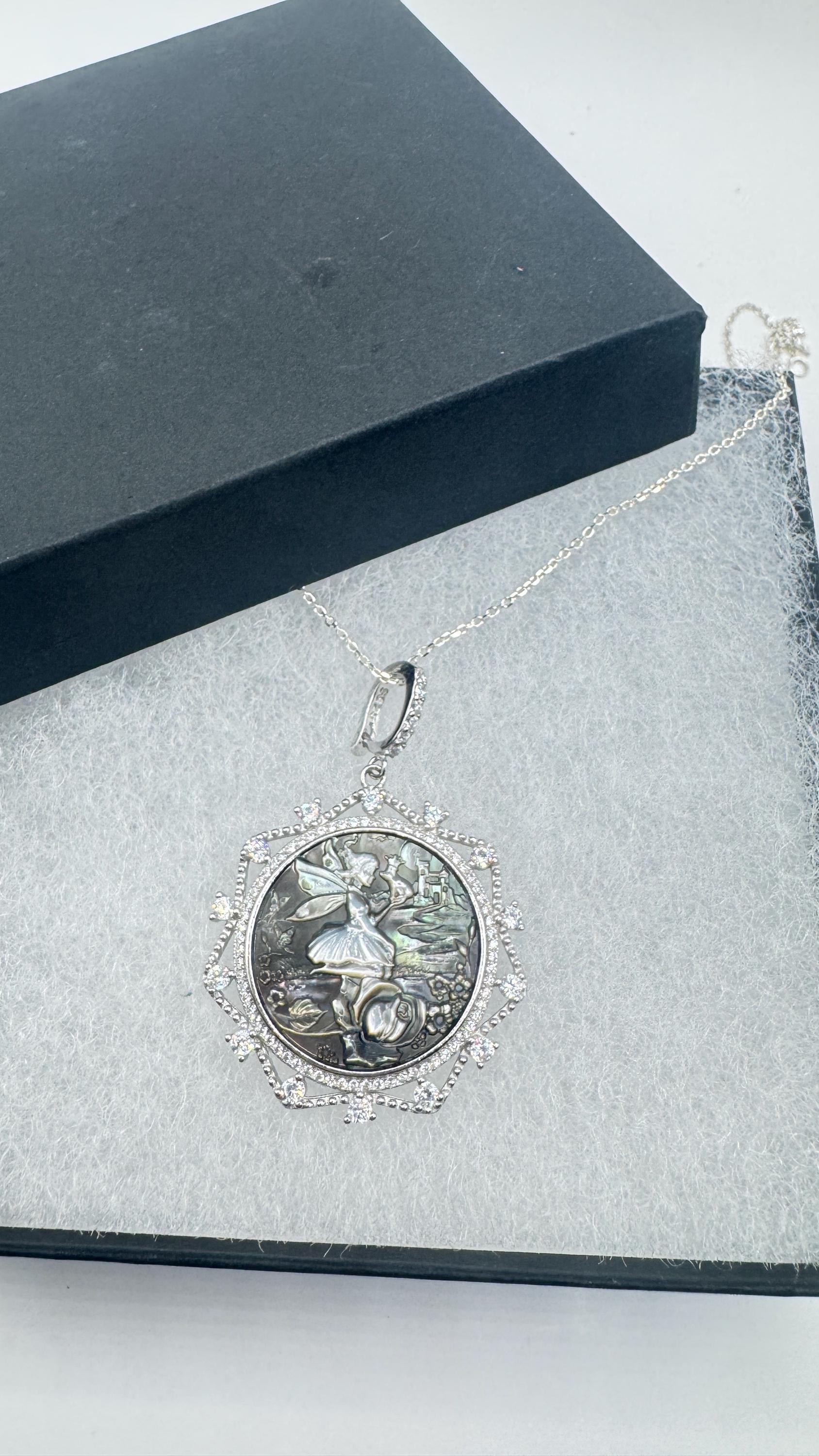 Vintage Fairy Genuine Abalone Cameo Sterling Silver Necklace