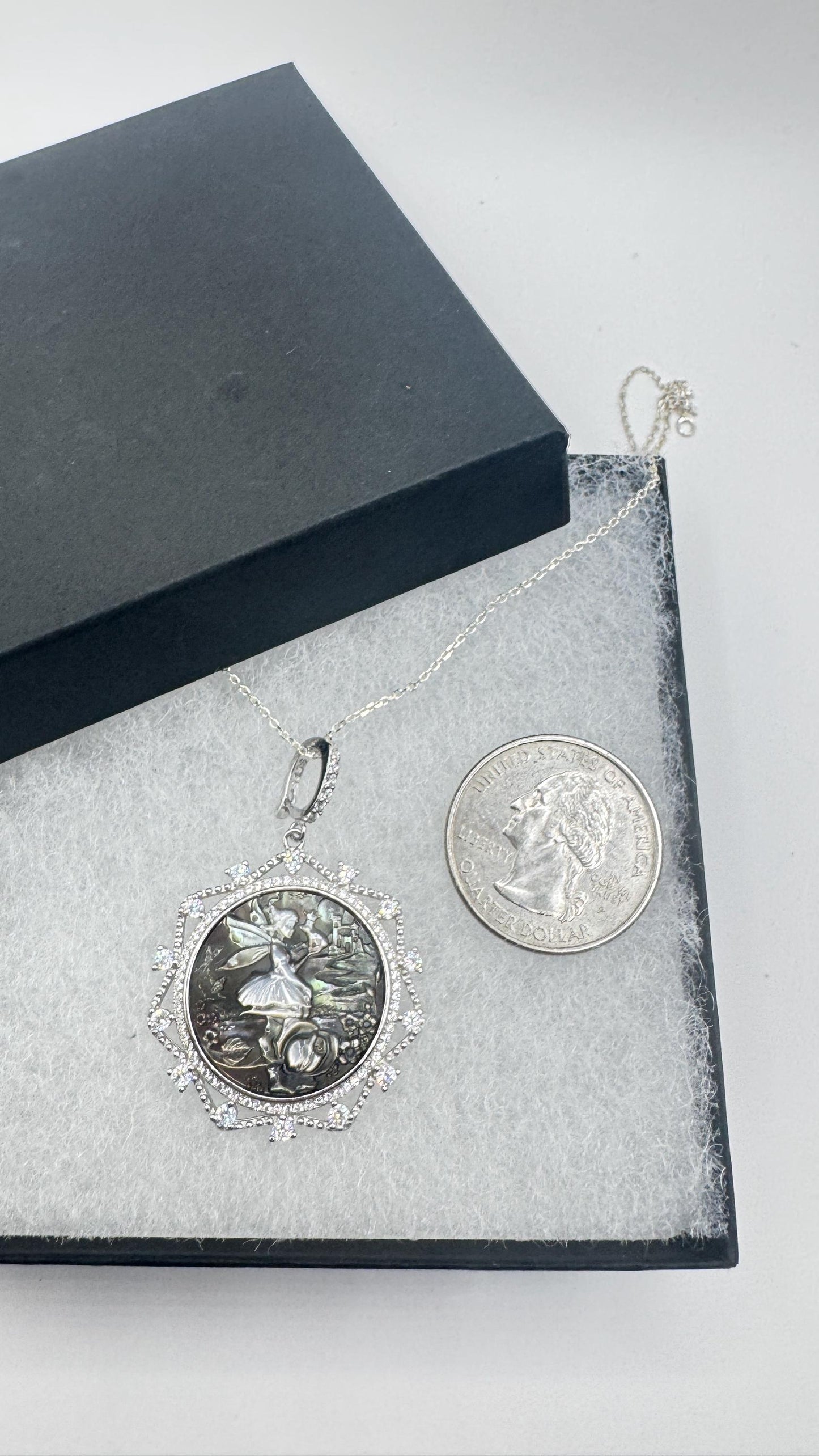 Vintage Fairy Genuine Abalone Cameo Sterling Silver Necklace