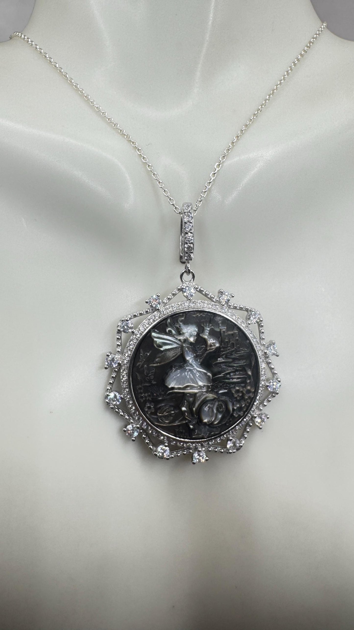 Vintage Fairy Genuine Abalone Cameo Sterling Silver Necklace