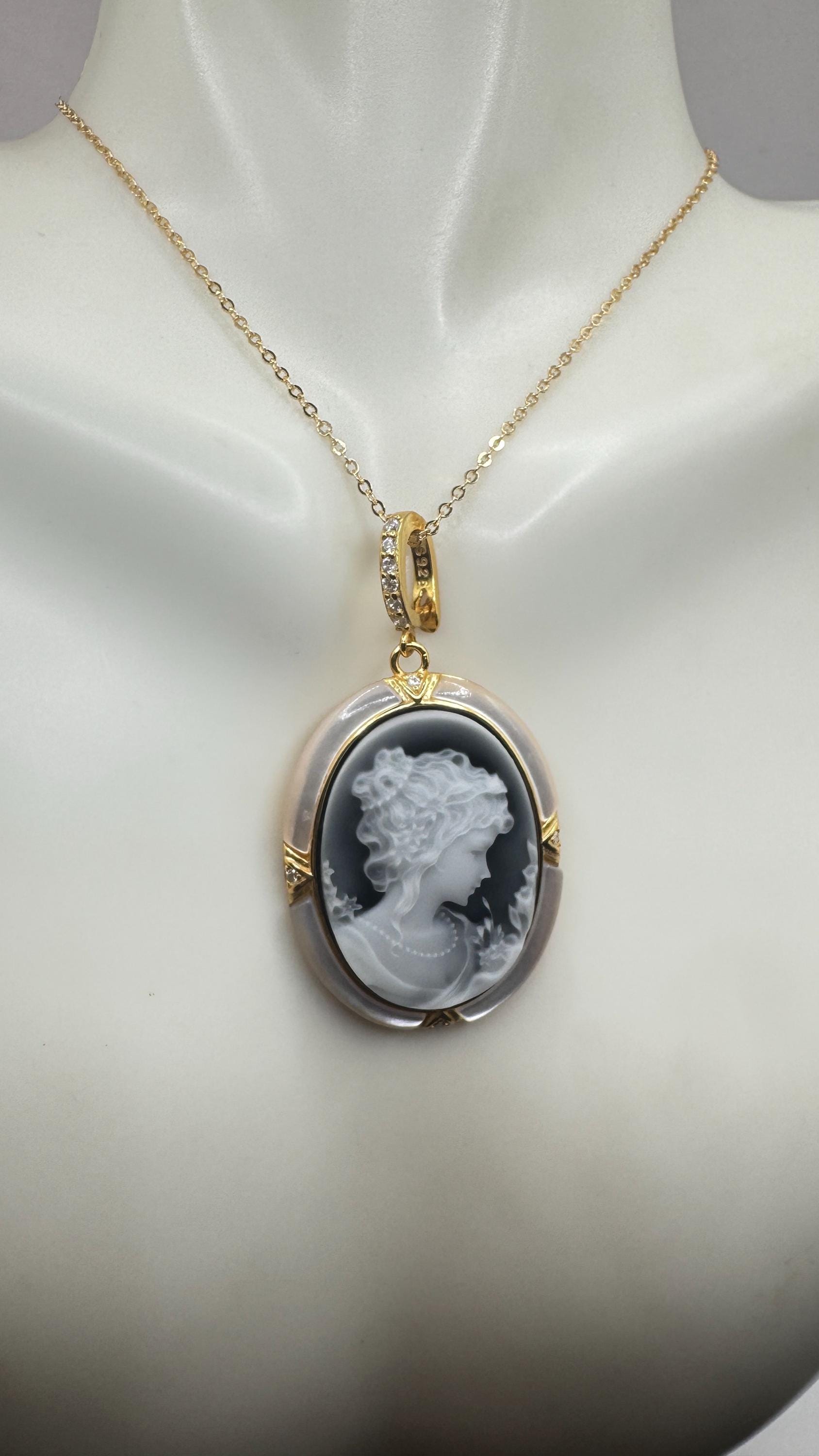 Vintage Onyx Cameo Golden 925 Sterling silver Necklace Choker