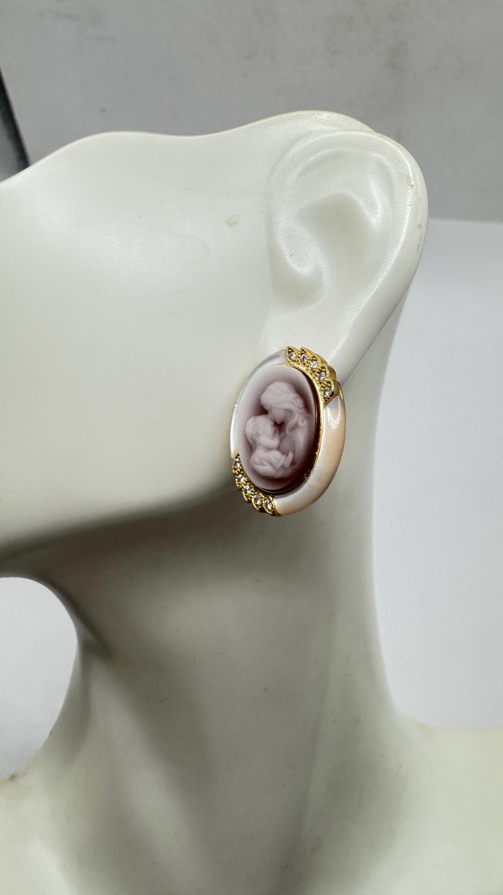 Vintage Mother Child Cameo Golden 925 Sterling Silver Stud Earrings