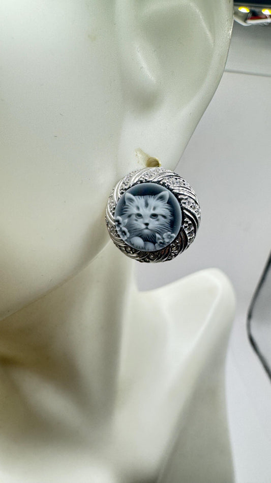 Vintage Cat Cameo Golden 925 Sterling Silver Stud Earrings
