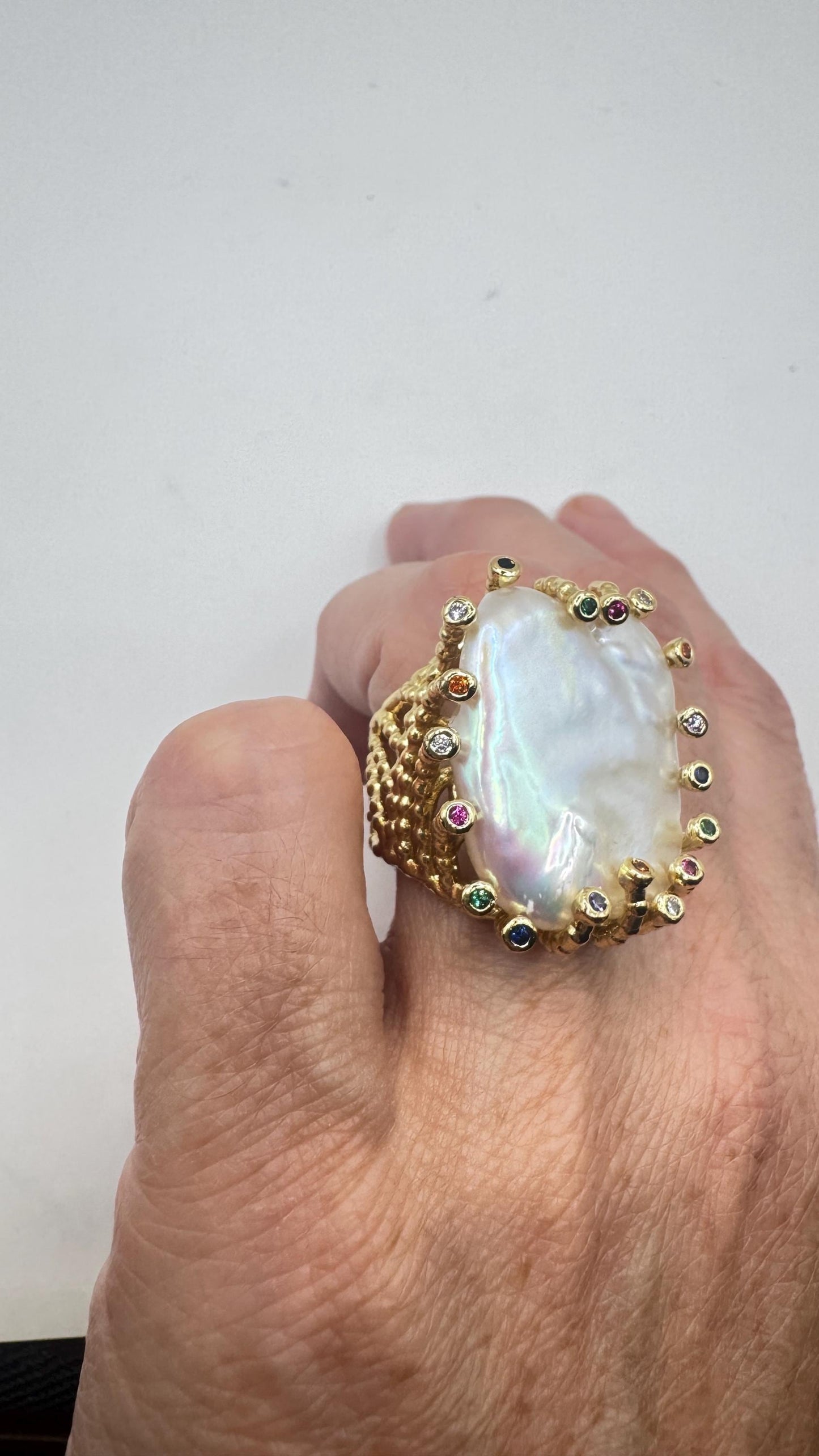 Vintage Biwa Pearl Ring Golden 925 Sterling Silver Cocktail Statement Adjustable