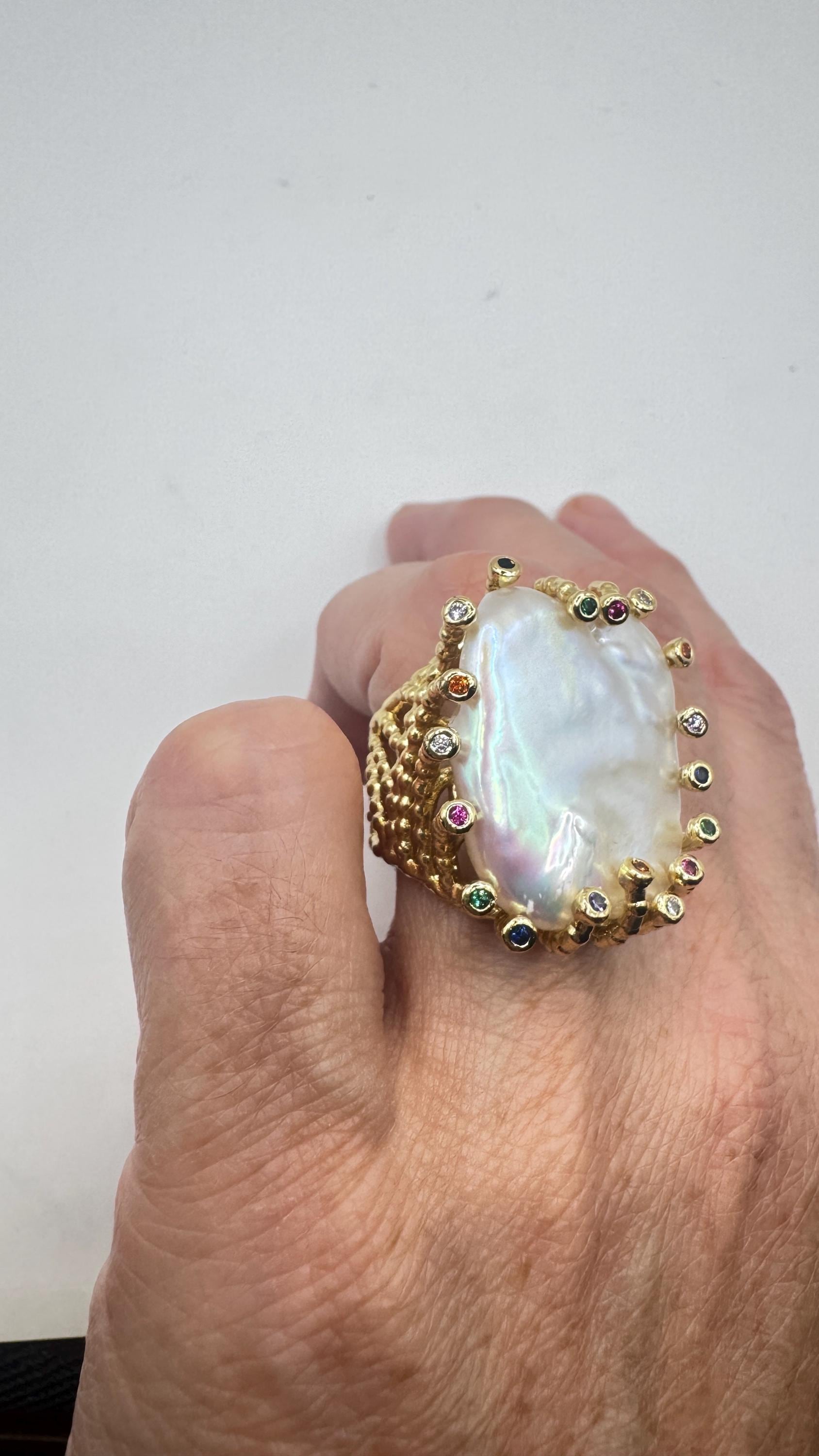 Vintage Biwa Pearl Ring Golden 925 Sterling Silver Cocktail Statement Adjustable