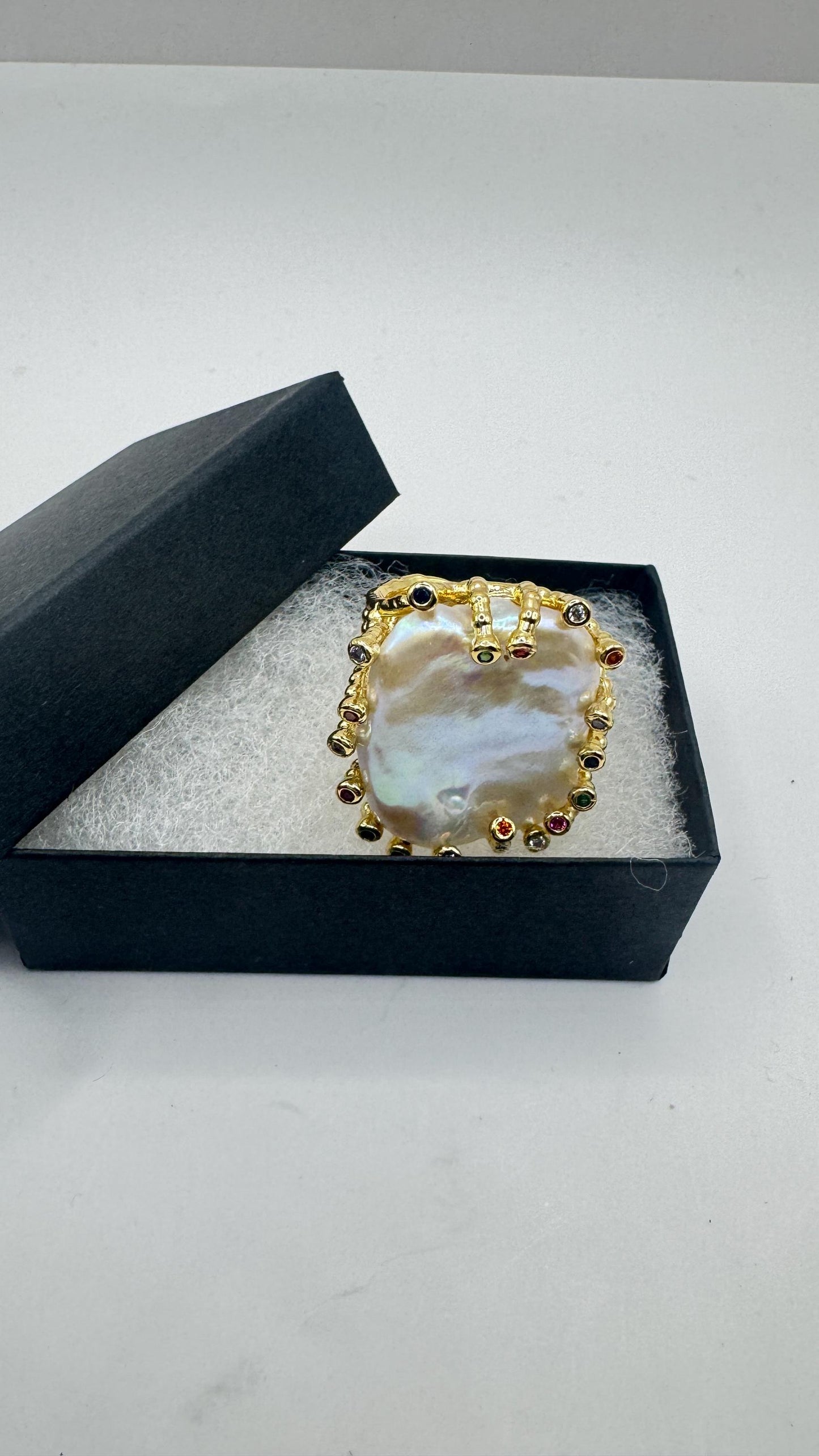 Vintage Biwa Pearl Ring Golden 925 Sterling Silver Cocktail Statement Adjustable