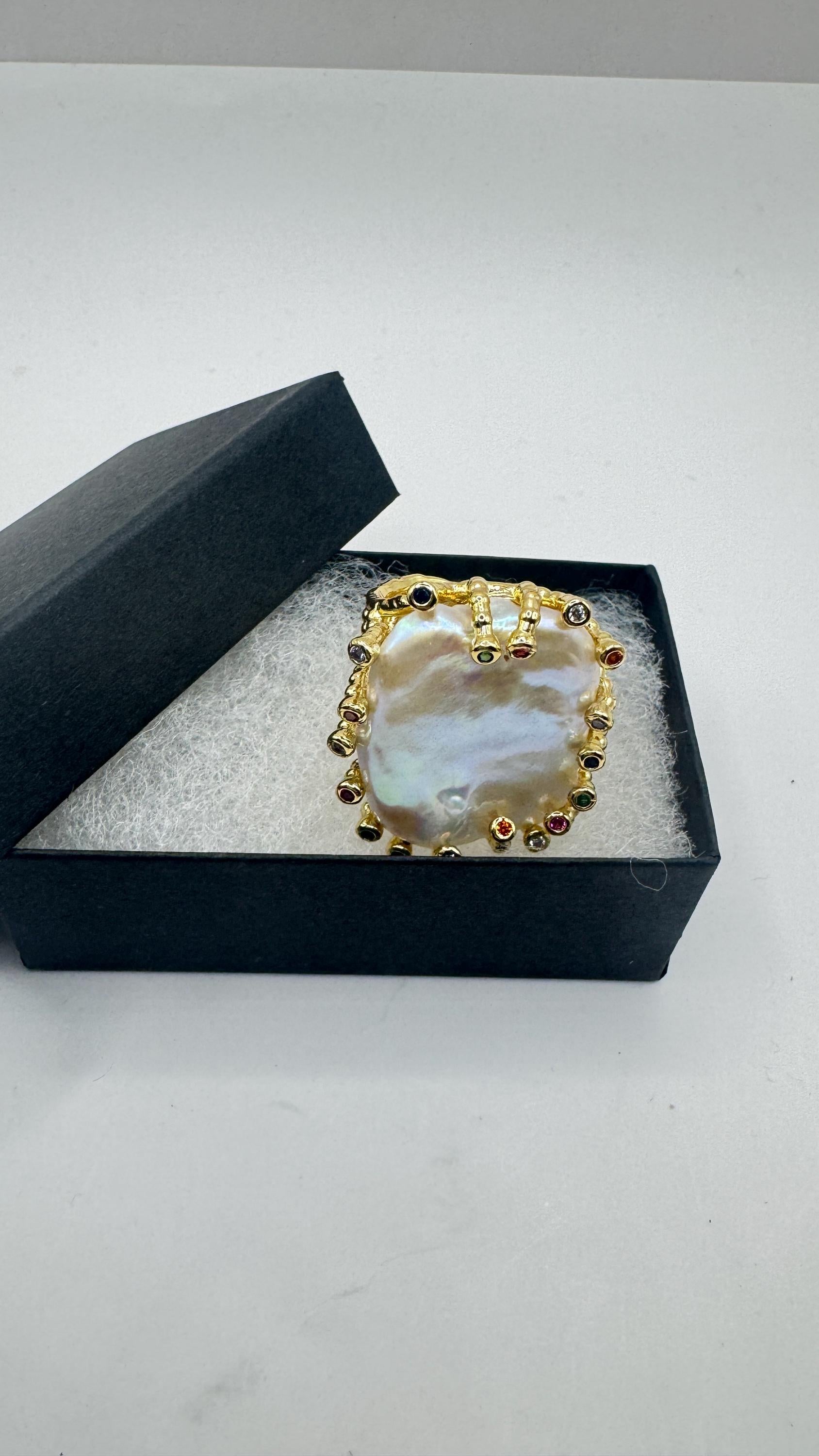 Vintage Biwa Pearl Ring Golden 925 Sterling Silver Cocktail Statement Adjustable