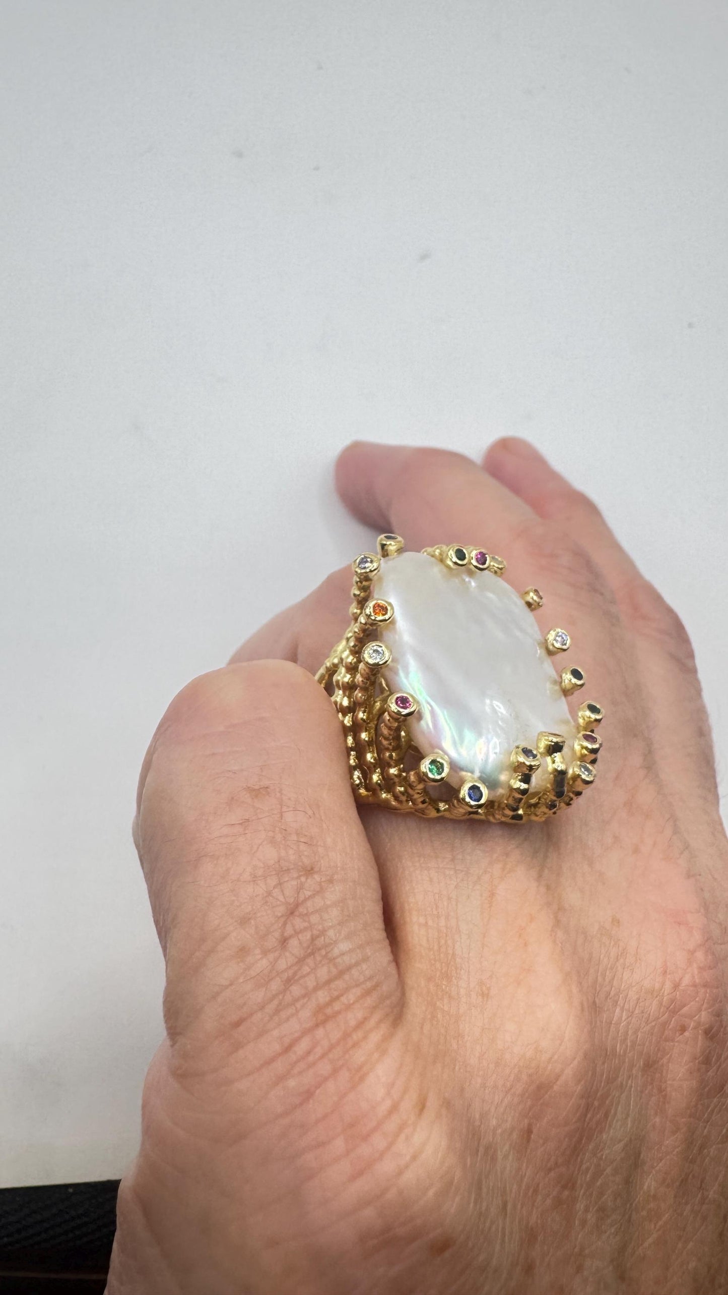 Vintage Biwa Pearl Ring Golden 925 Sterling Silver Cocktail Statement Adjustable