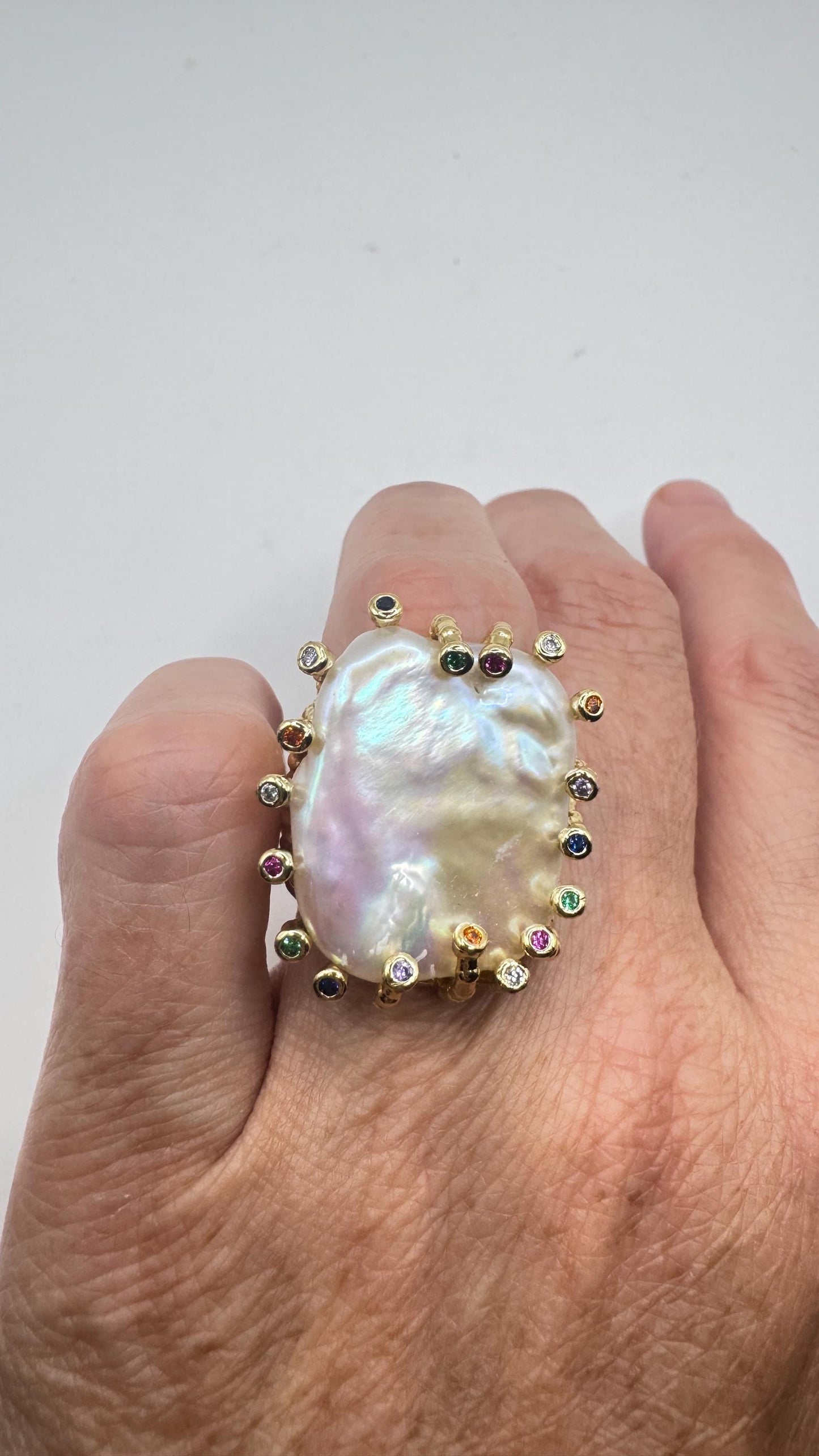 Vintage Biwa Pearl Ring Golden 925 Sterling Silver Cocktail Statement Adjustable