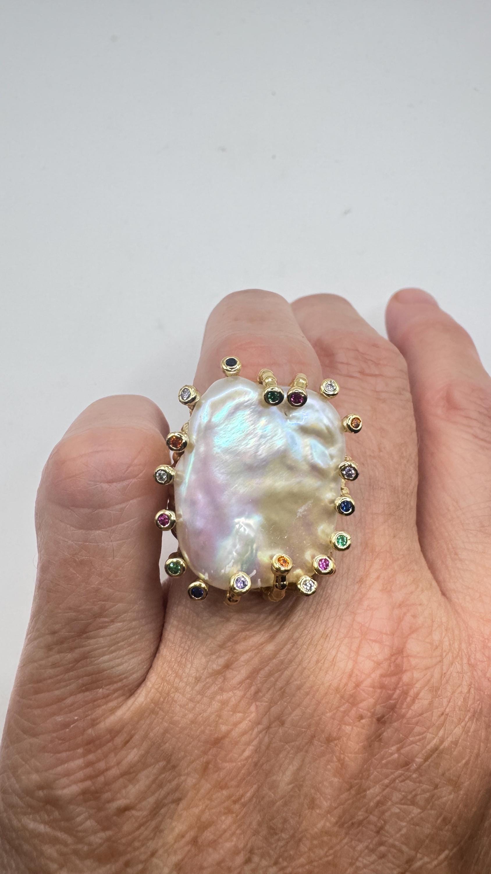 Vintage Biwa Pearl Ring Golden 925 Sterling Silver Cocktail Statement Adjustable