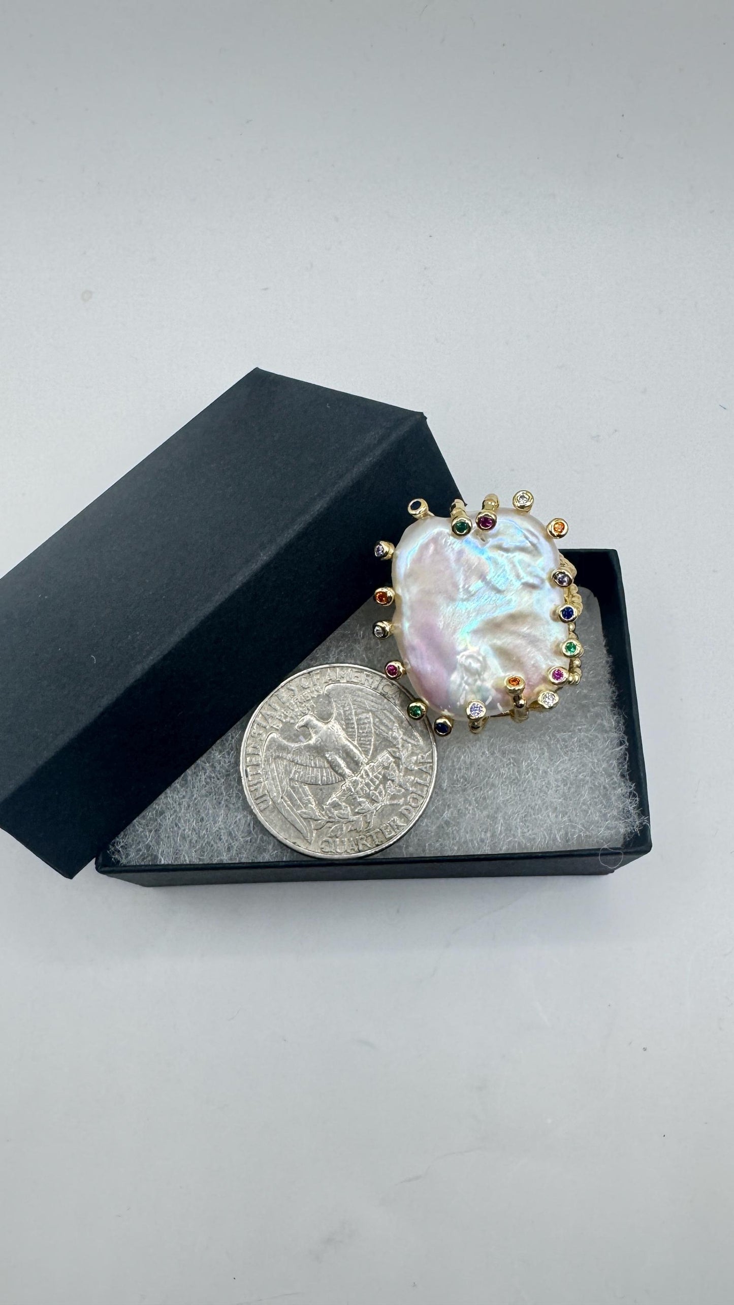 Vintage Biwa Pearl Ring Golden 925 Sterling Silver Cocktail Statement Adjustable