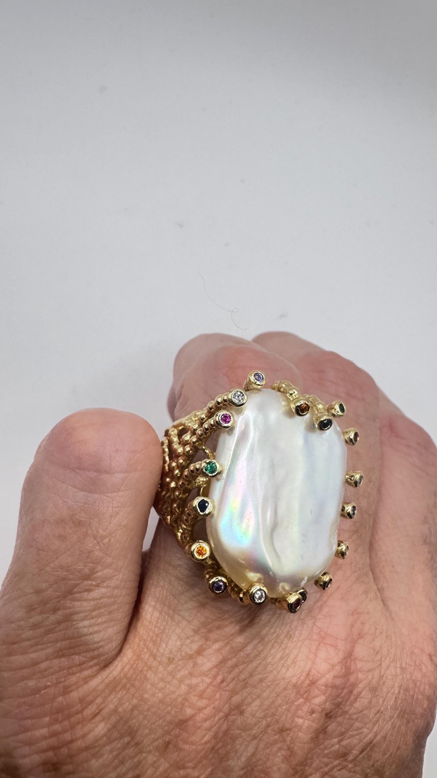 Vintage Biwa Pearl Ring Golden 925 Sterling Silver Cocktail Statement Adjustable