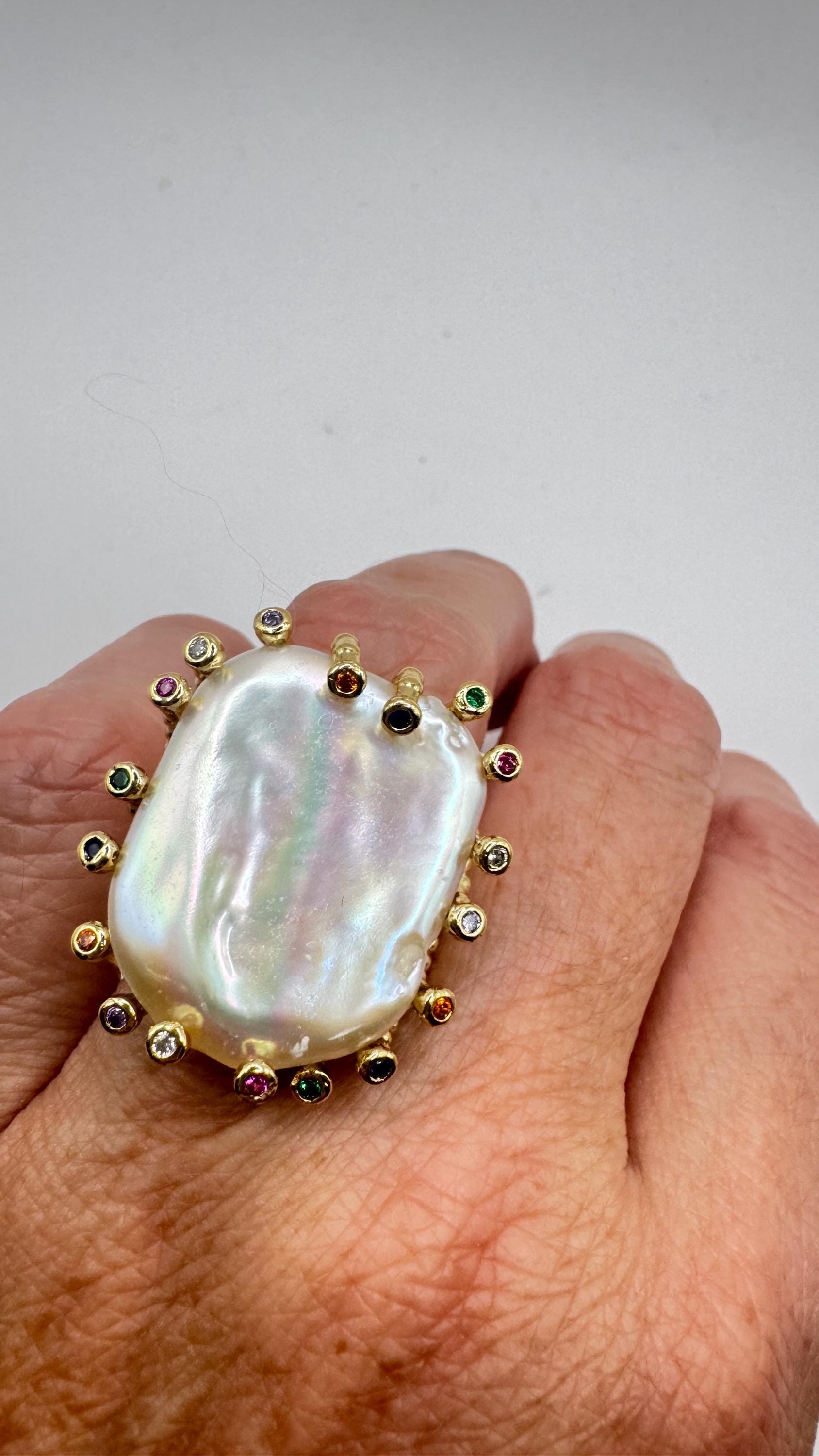 Vintage Biwa Pearl Ring Golden 925 Sterling Silver Cocktail Statement Adjustable