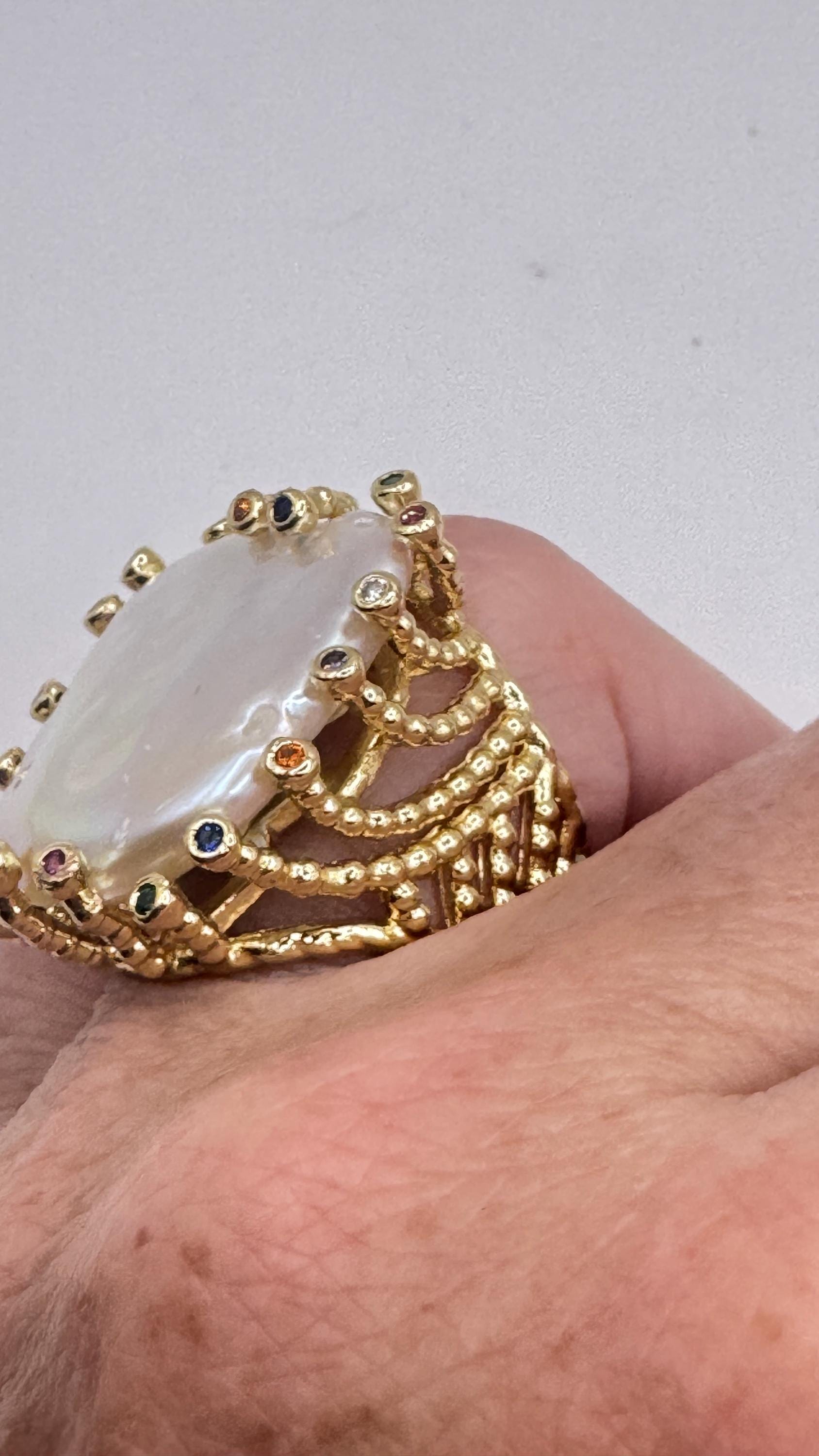 Vintage Biwa Pearl Ring Golden 925 Sterling Silver Cocktail Statement Adjustable