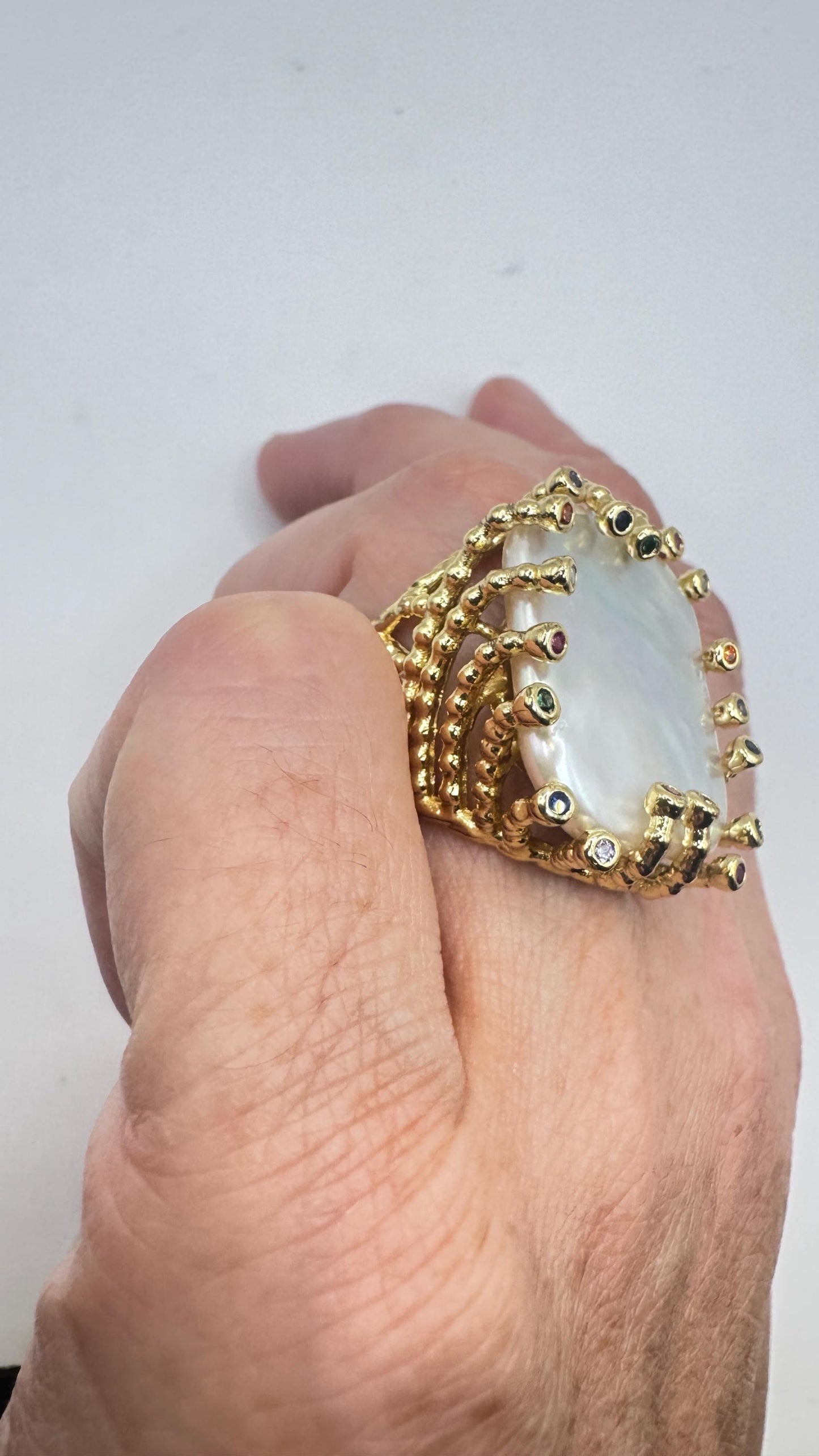 Vintage Biwa Pearl Ring Golden 925 Sterling Silver Cocktail Statement Adjustable