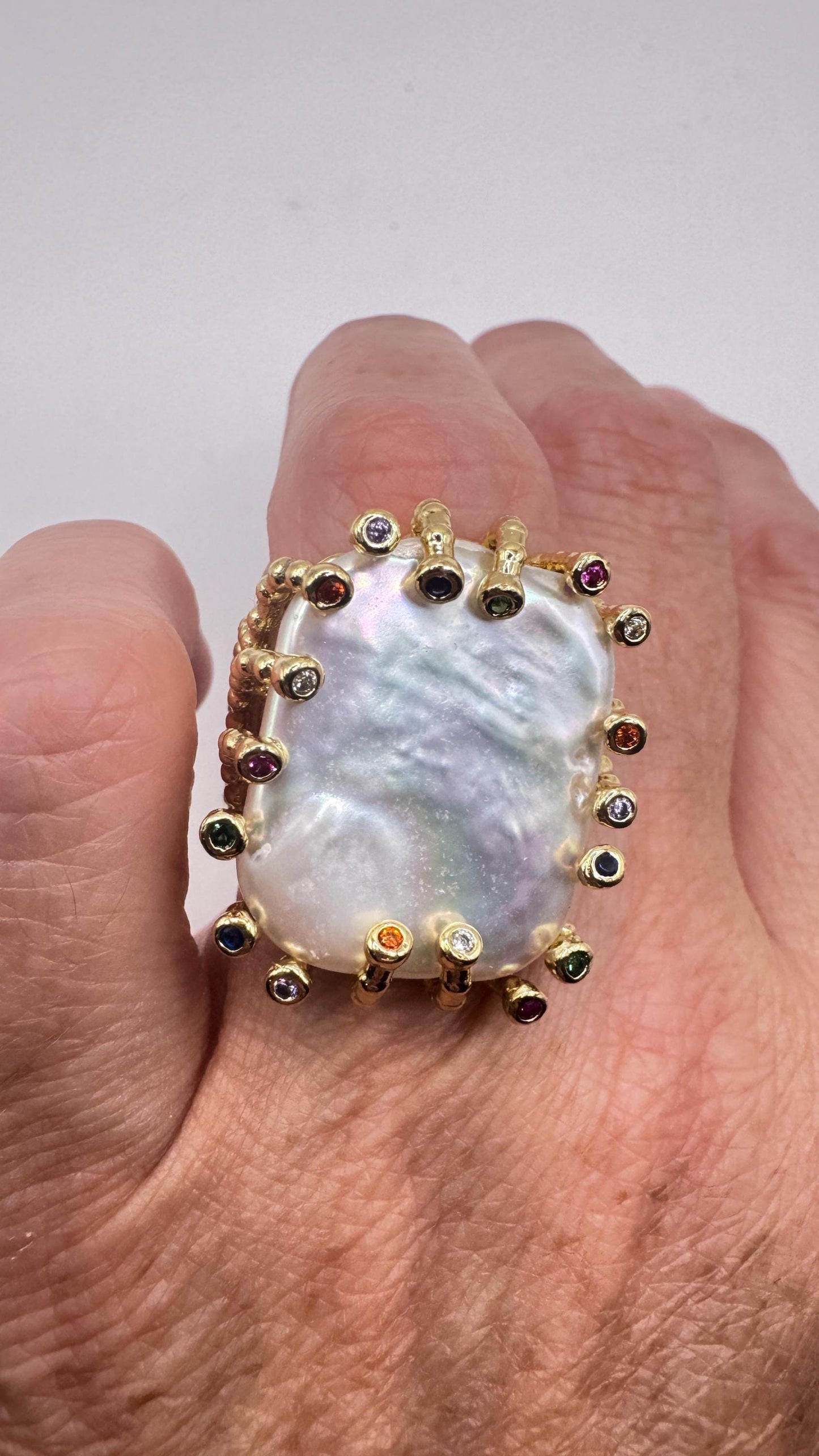 Vintage Biwa Pearl Ring Golden 925 Sterling Silver Cocktail Statement Adjustable