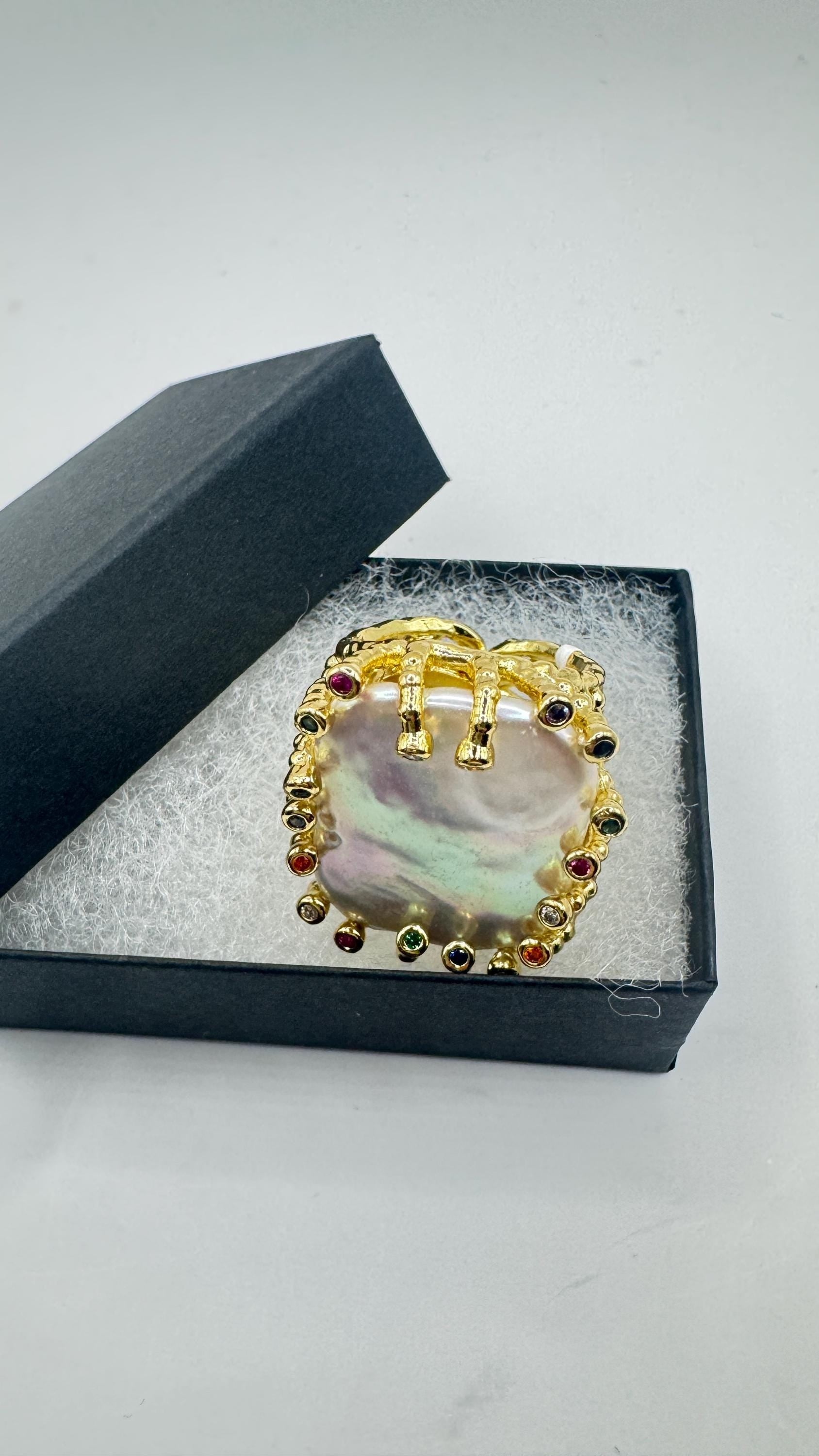 Vintage Biwa Pearl Ring Golden 925 Sterling Silver Cocktail Statement Adjustable