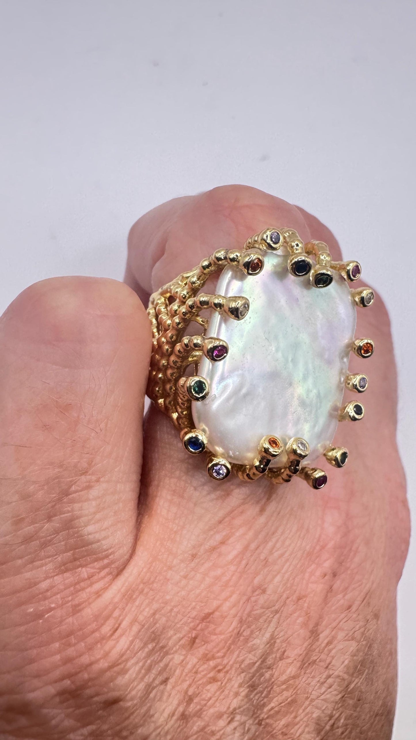 Vintage Biwa Pearl Ring Golden 925 Sterling Silver Cocktail Statement Adjustable