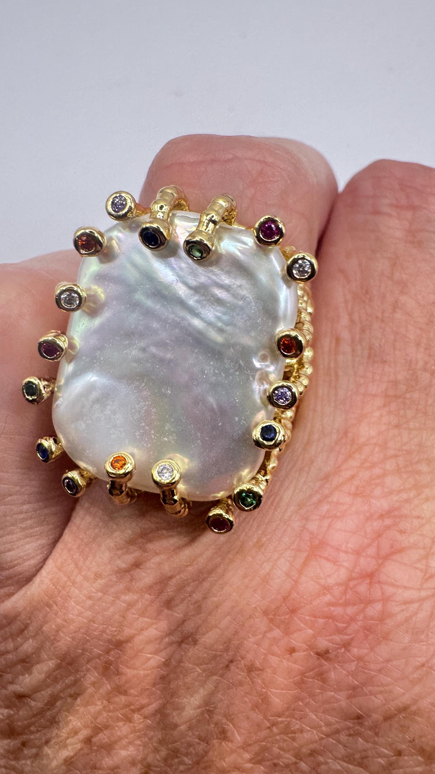 Vintage Biwa Pearl Ring Golden 925 Sterling Silver Cocktail Statement Adjustable