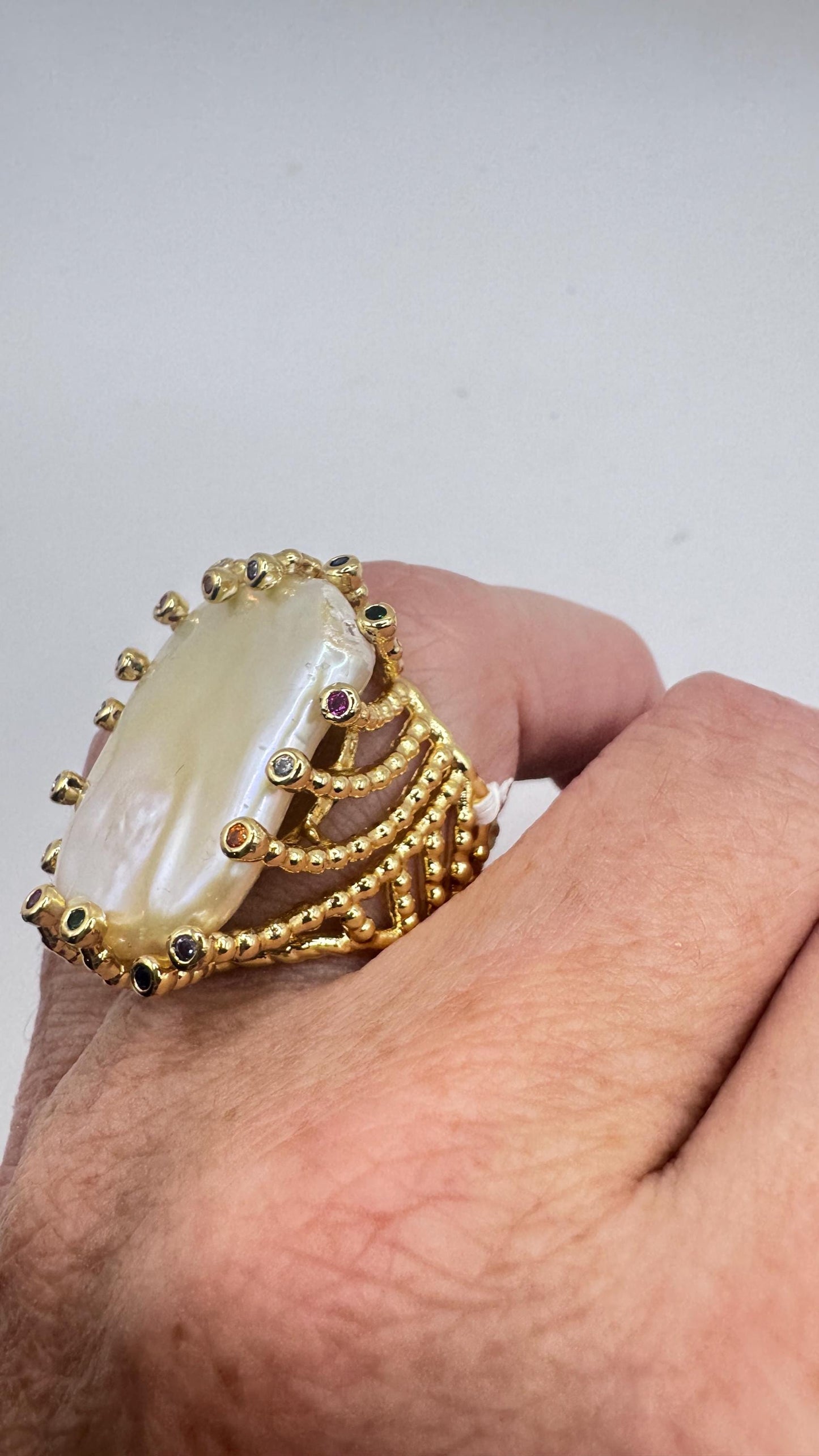Vintage Biwa Pearl Ring Golden 925 Sterling Silver Cocktail Statement Adjustable