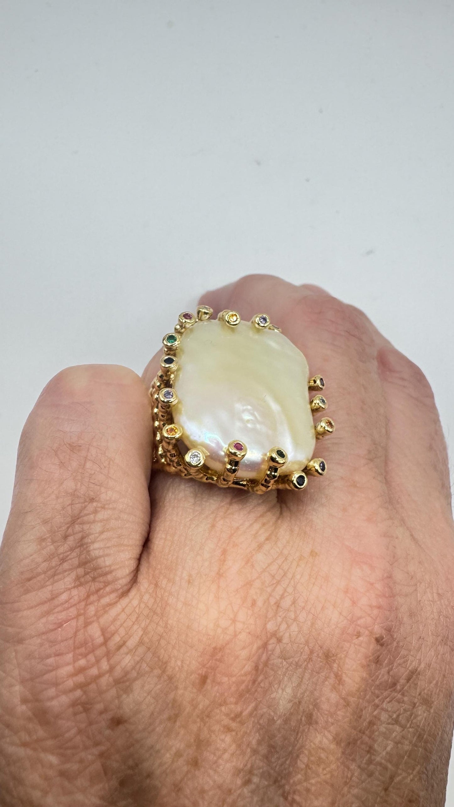 Vintage Biwa Pearl Ring Golden 925 Sterling Silver Cocktail Statement Adjustable