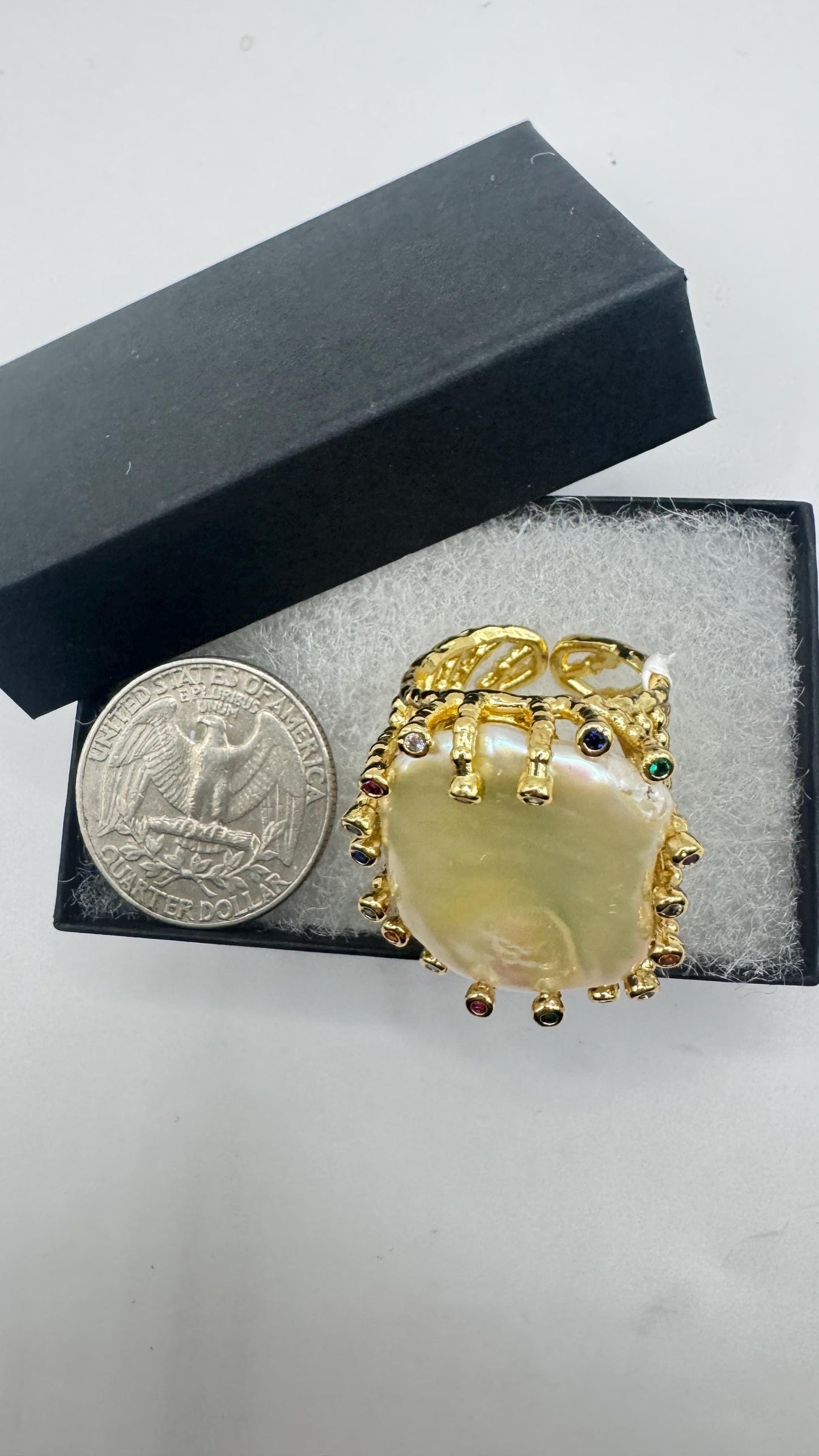 Vintage Biwa Pearl Ring Golden 925 Sterling Silver Cocktail Statement Adjustable