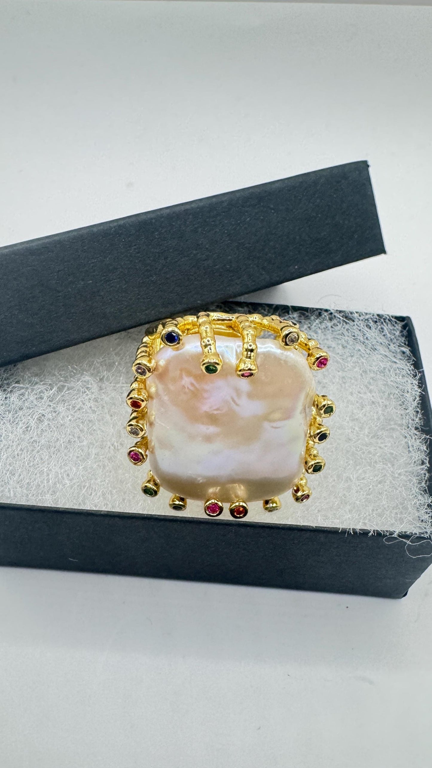 Vintage Biwa Pearl Ring Golden 925 Sterling Silver Cocktail Statement Adjustable